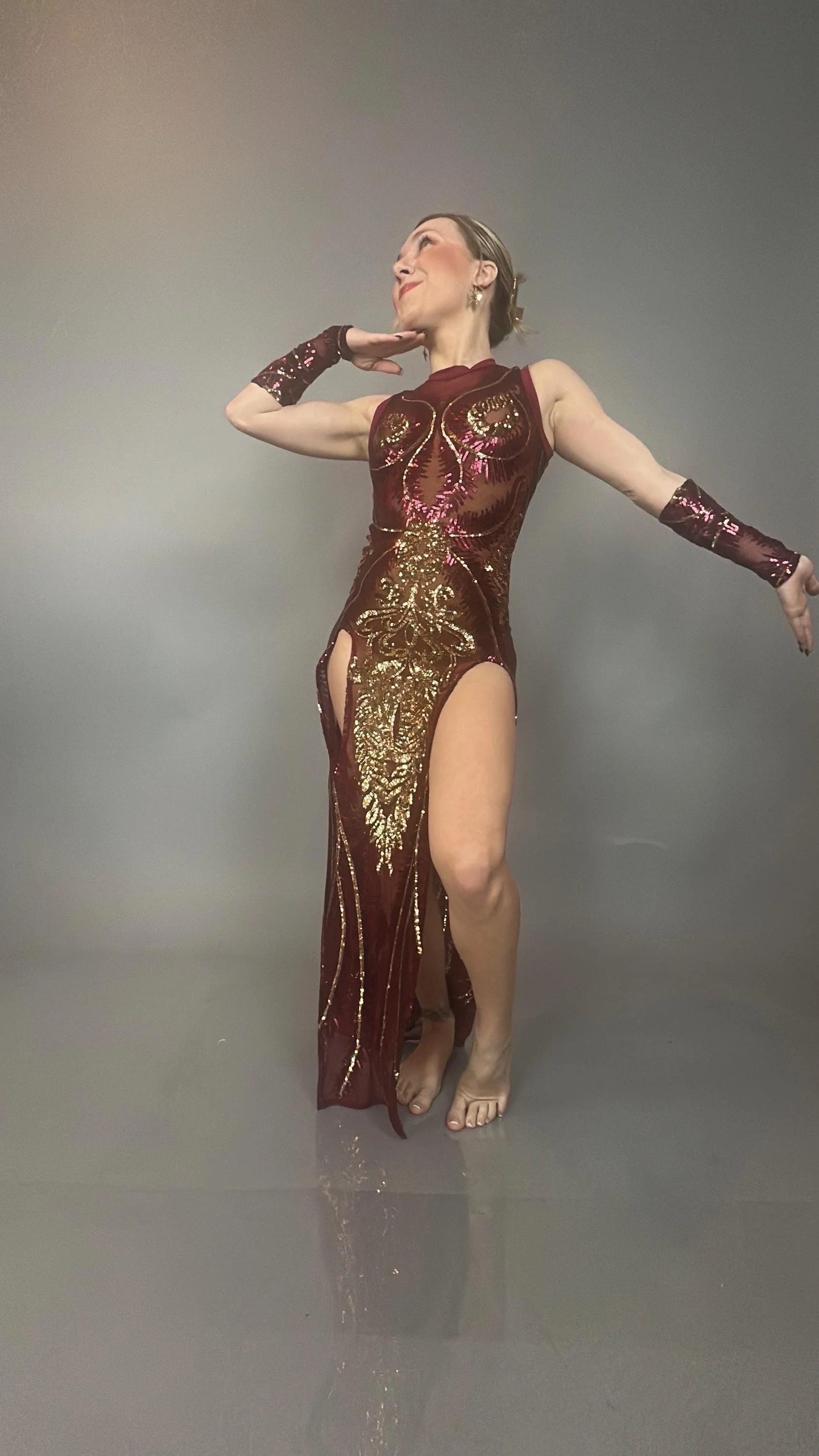 Burgundy Sheer Mesh Dress with Gold Sequins, Sleeveless Double Slit Performance Gown and Arm Accessories - Image 8