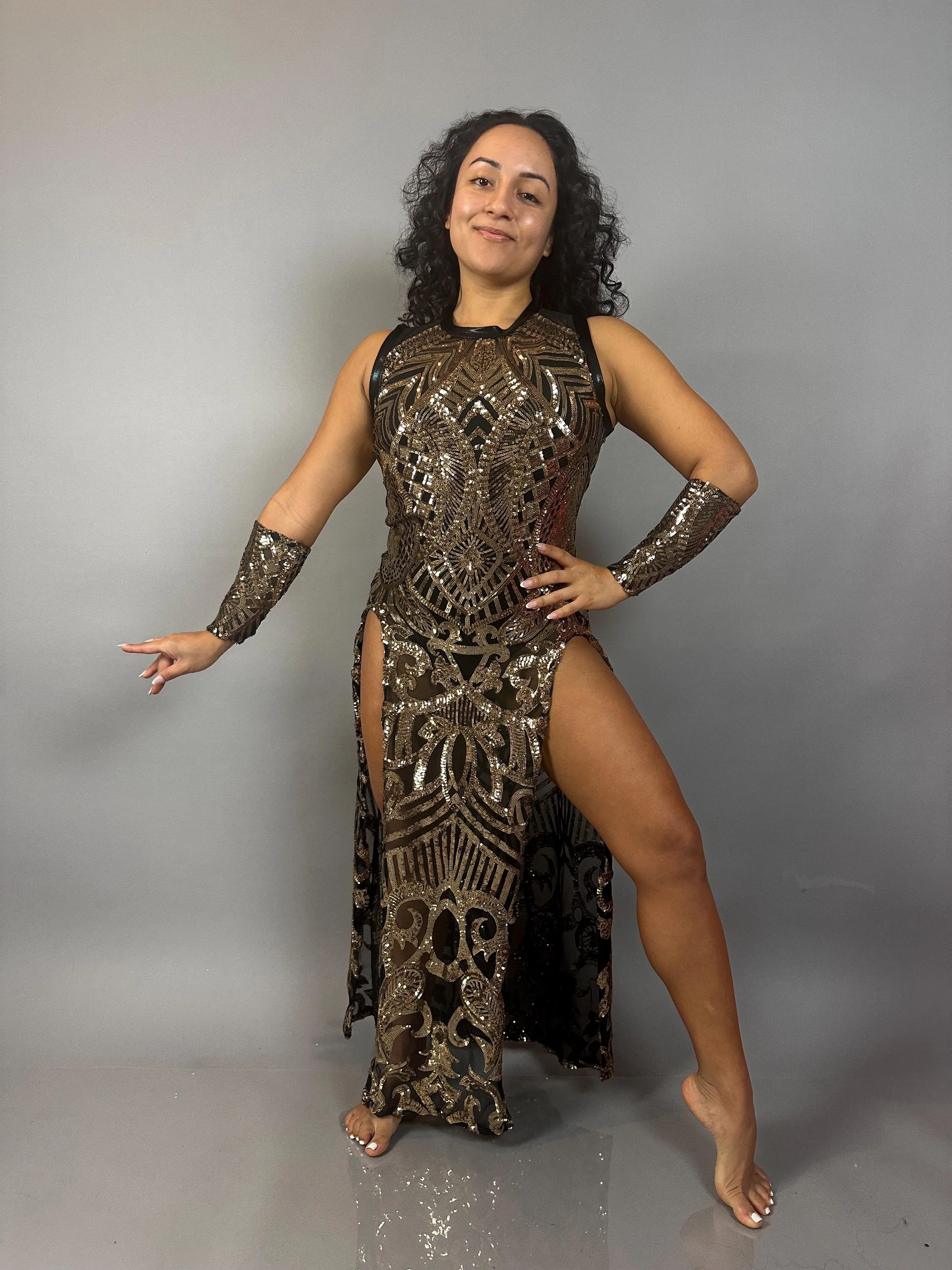 Gold Sequin On Black Sheer Dress, High-Slit Sleeveless Maxi Dress, Hand Accessories - Image 10