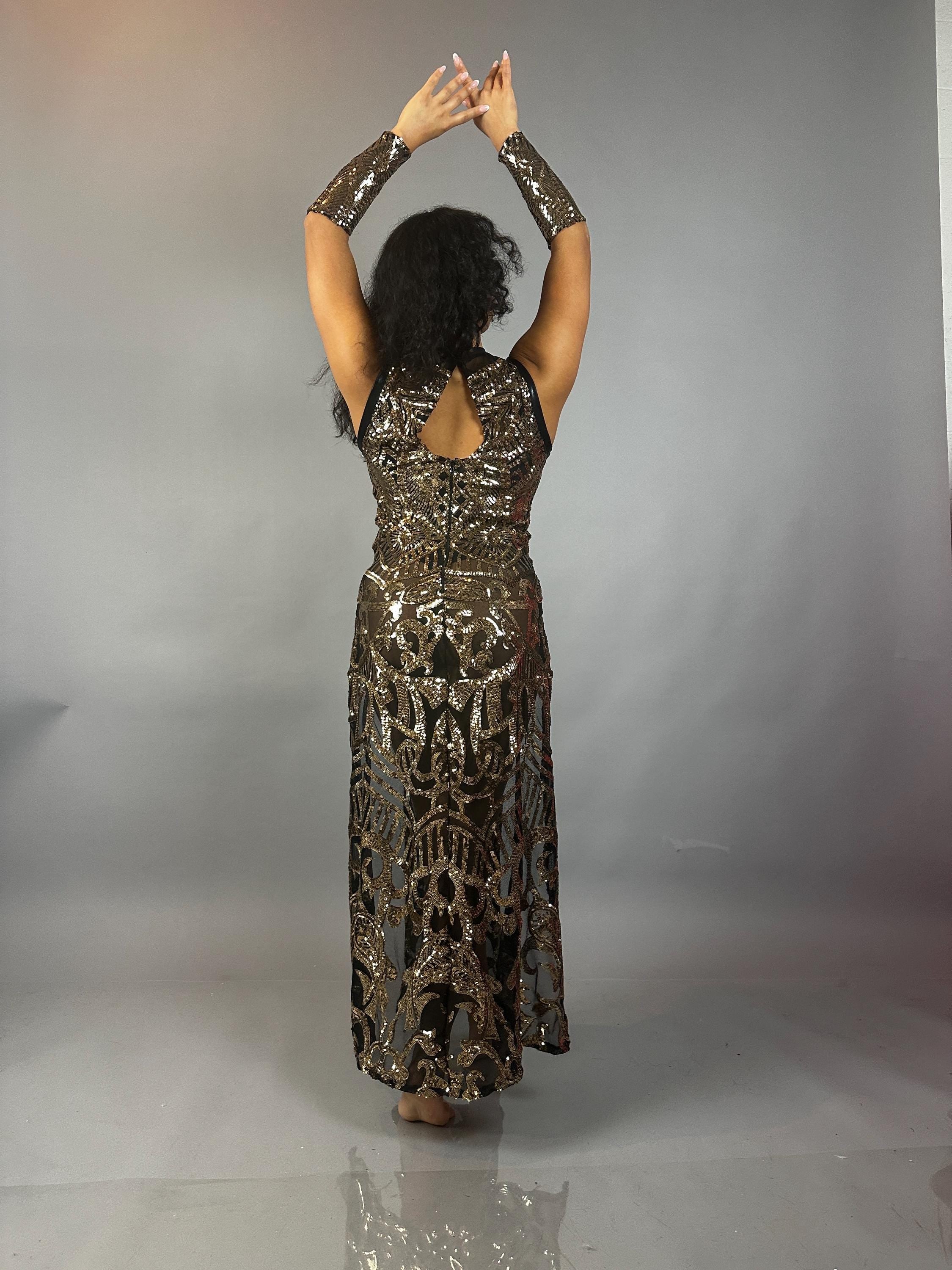 Gold Sequin On Black Sheer Dress, High-Slit Sleeveless Maxi Dress, Hand Accessories - Image 4