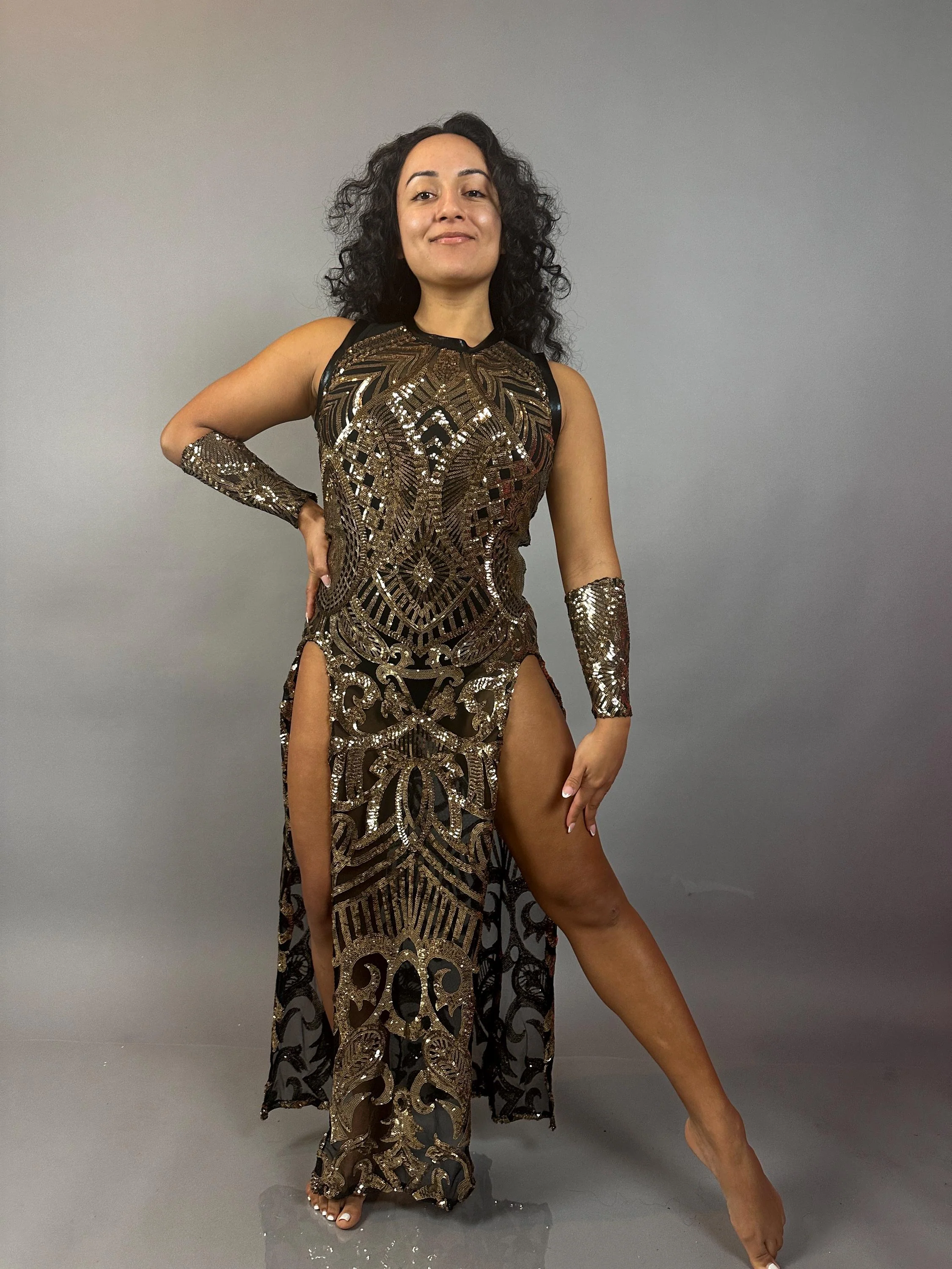 Gold Sequin On Black Sheer Dress, High-Slit Sleeveless Maxi Dress, Hand Accessories - Image 6
