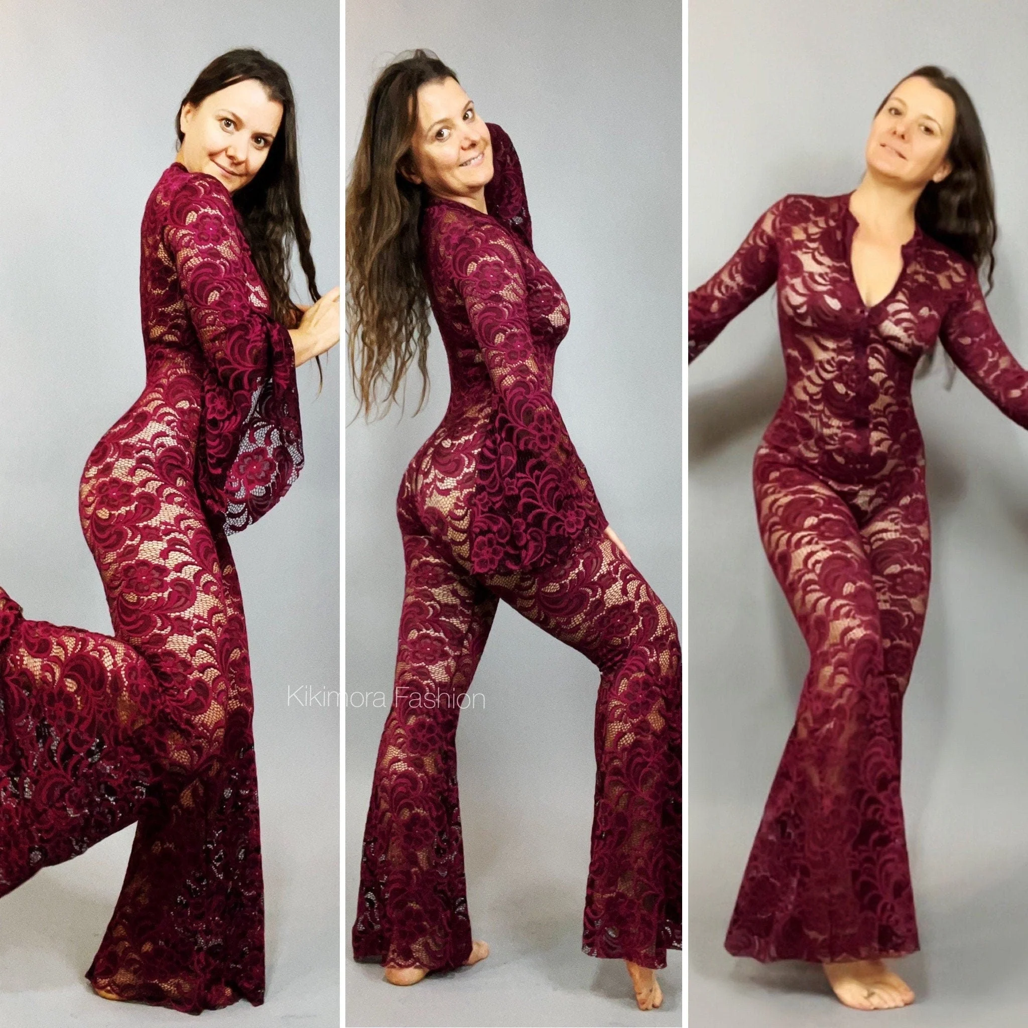 Burgundy Lace Jumpsuit, Bell Bottom Catsuit, 70s Cher Outfit, Flared Sleeve Bodysuit, Sheer Lace Unitard, Deep V-Neck One Piece - Image 7