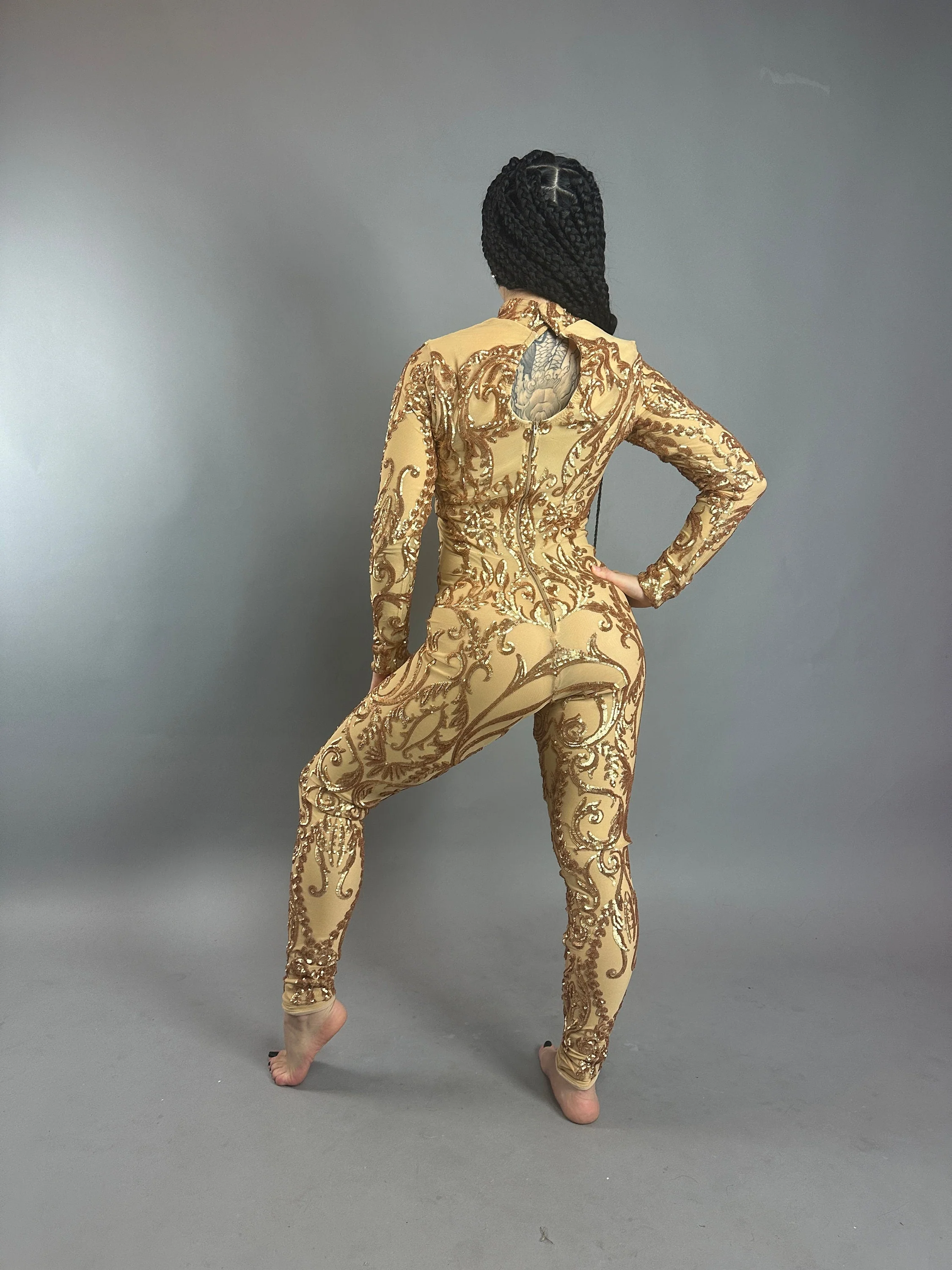 Shiny Gold Sequin Costume, Birthday Jumpsuit, Vine Pattern Unitard, Exotic Dance Wear, Disco Night Outfit, Gymnastic Catsuit - Image 3