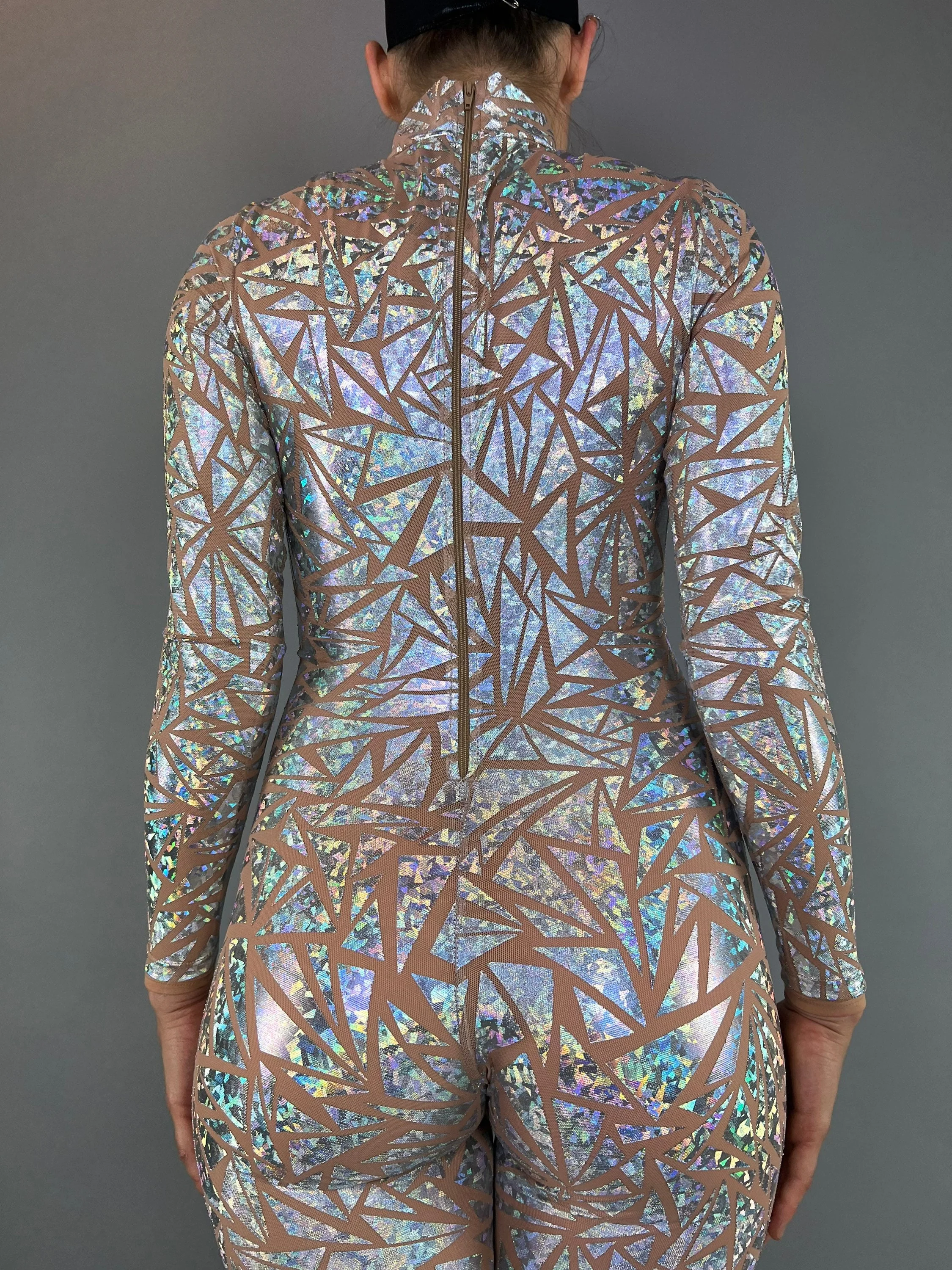 Silver Iridescent Metallic Print Catsuit, Full Sleeves Sheer Jumpsuit, Turtleneck - Image 10