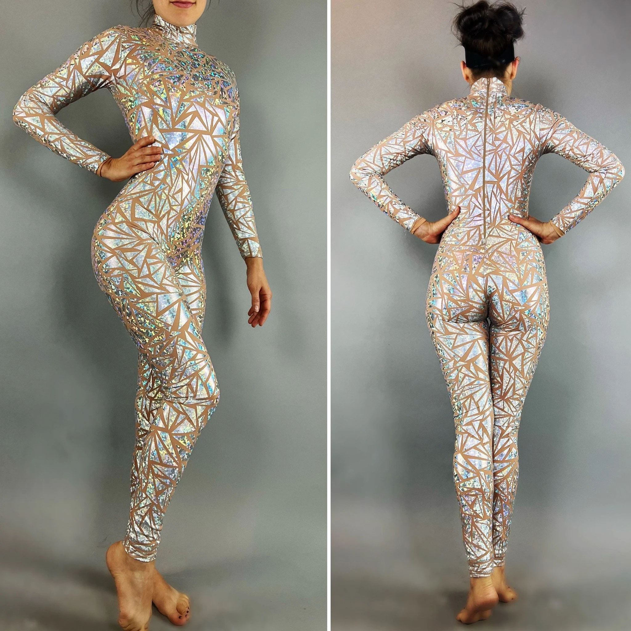 Silver Iridescent Metallic Print Catsuit, Full Sleeves Sheer Jumpsuit, Turtleneck - Image 2