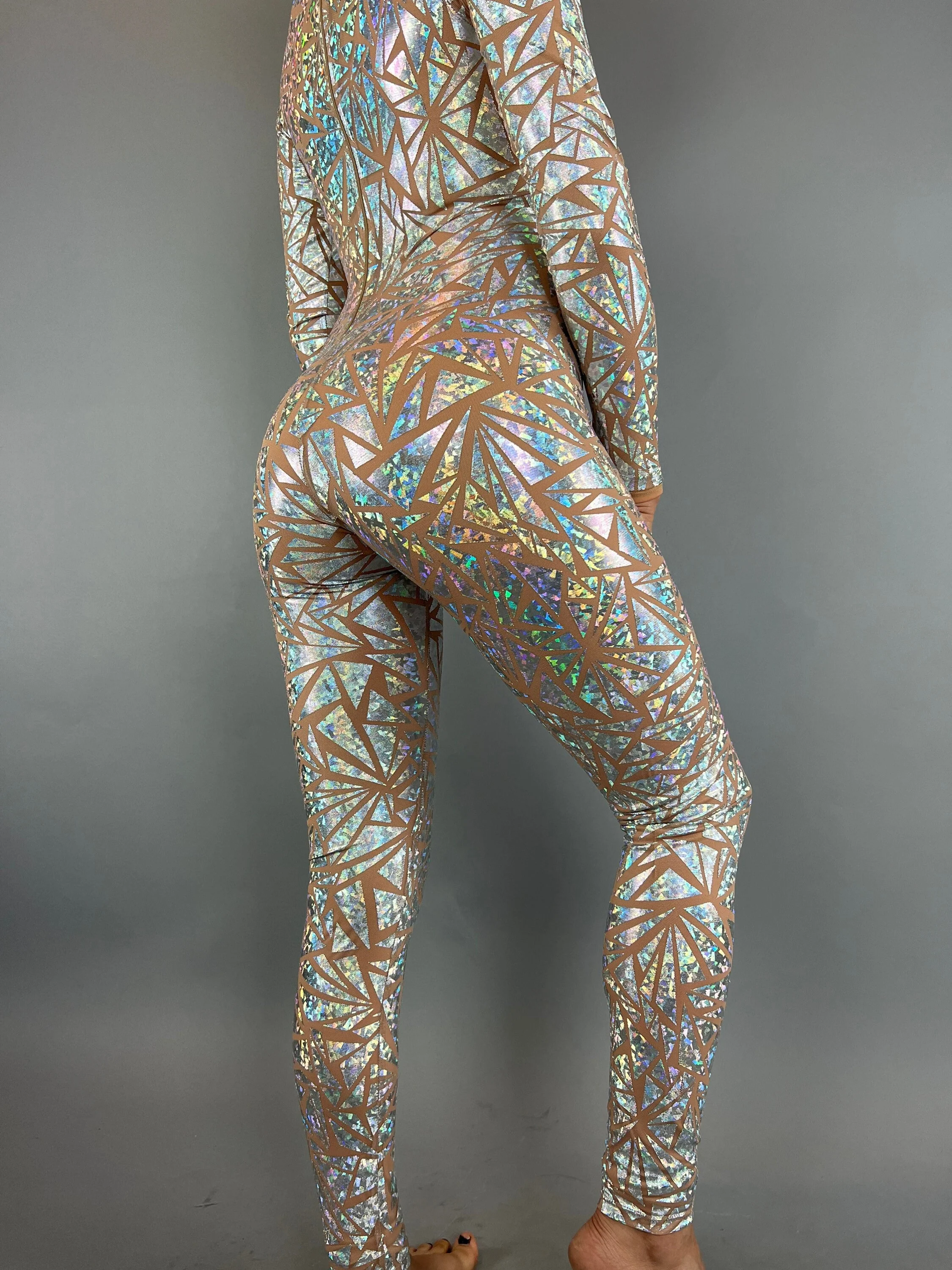 Silver Iridescent Metallic Print Catsuit, Full Sleeves Sheer Jumpsuit, Turtleneck - Image 3