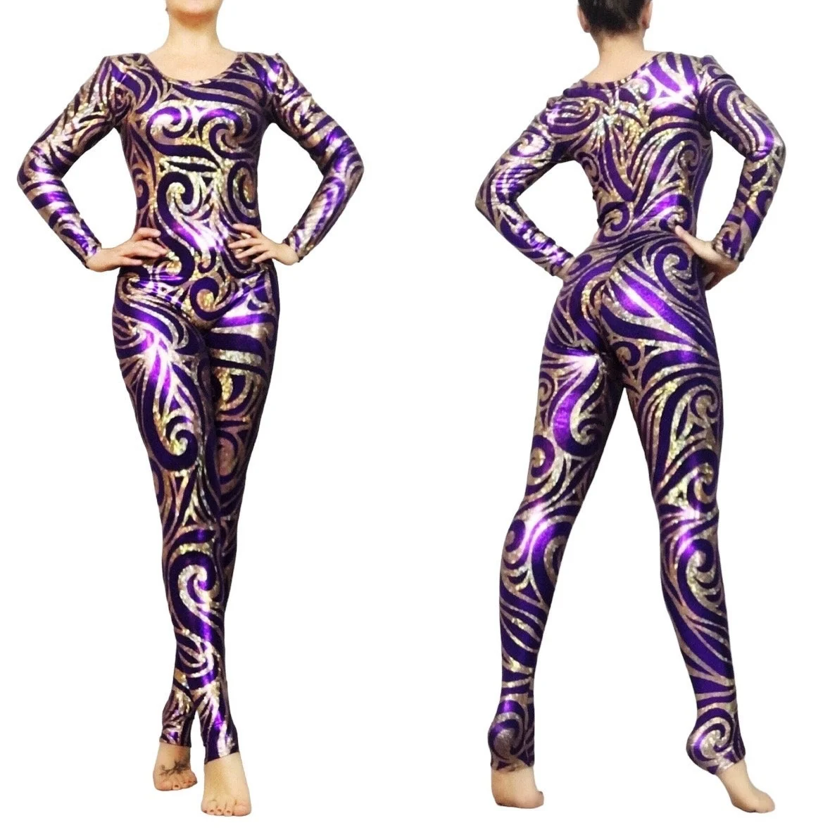Frozen Snowflake Purple Gold Catsuit, Round Neck, Full Sleeves - Image 3