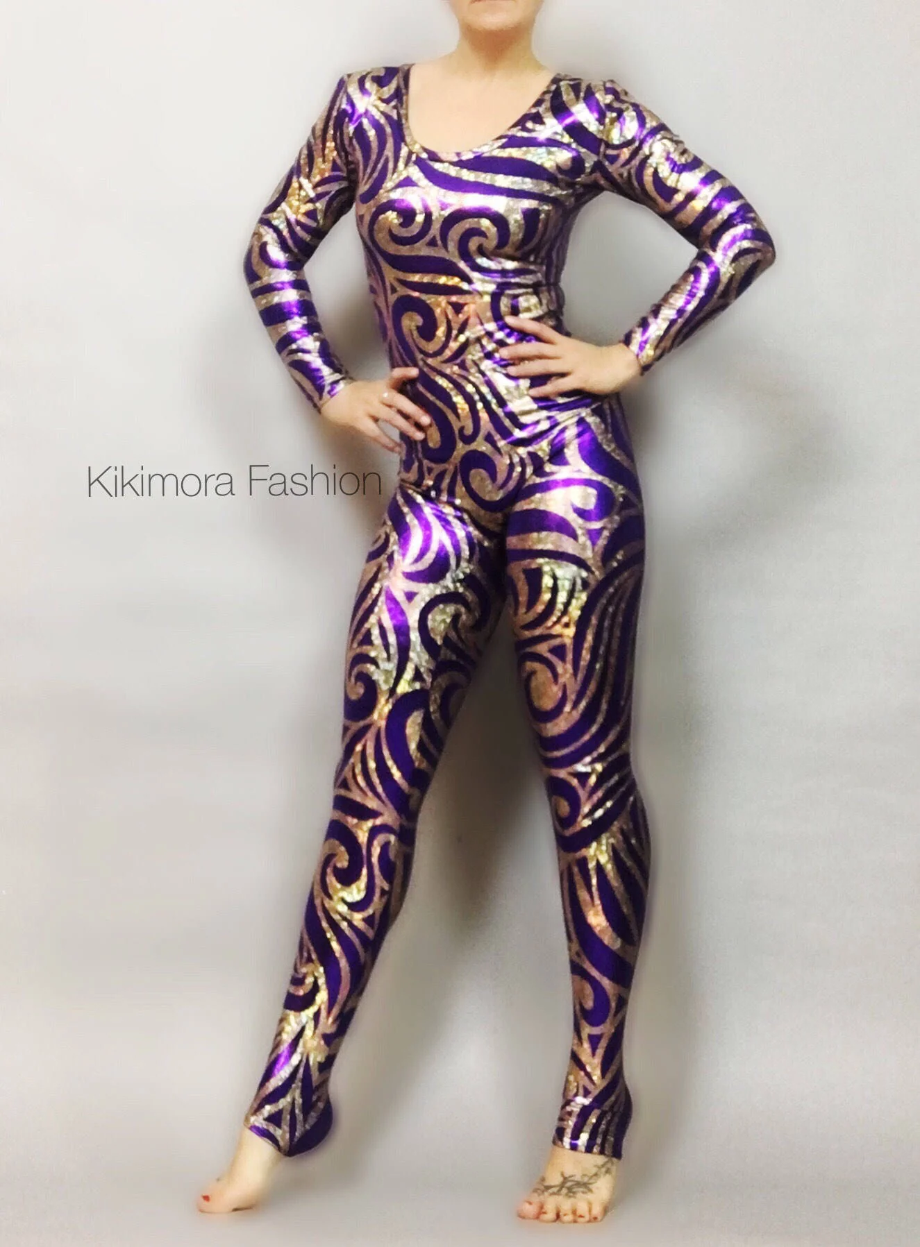 Frozen Snowflake Purple Gold Catsuit, Round Neck, Full Sleeves - Image 4