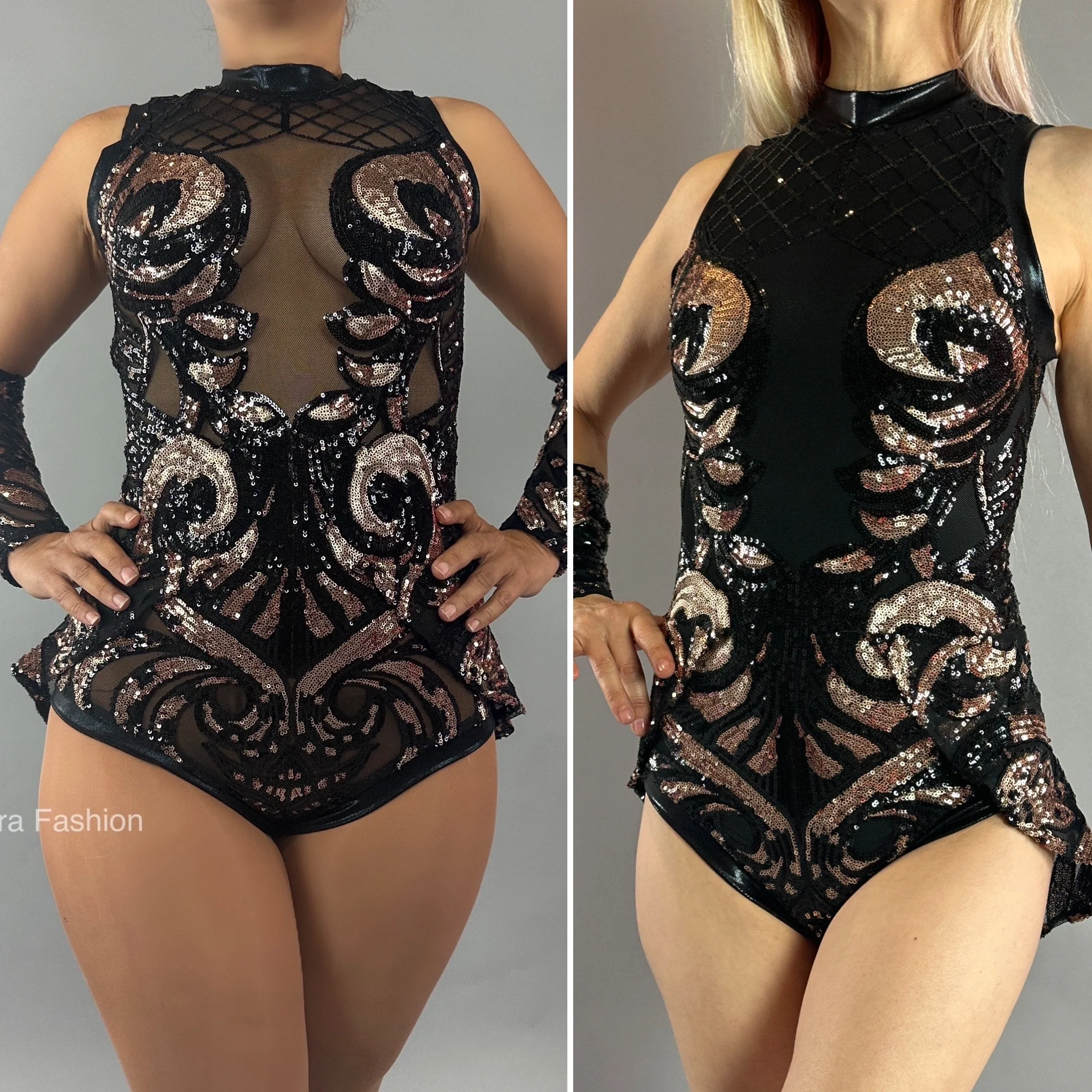 Black and Rose Gold Sequins Mesh Leotard, Sleeveless, Hand Accessories - Image 3