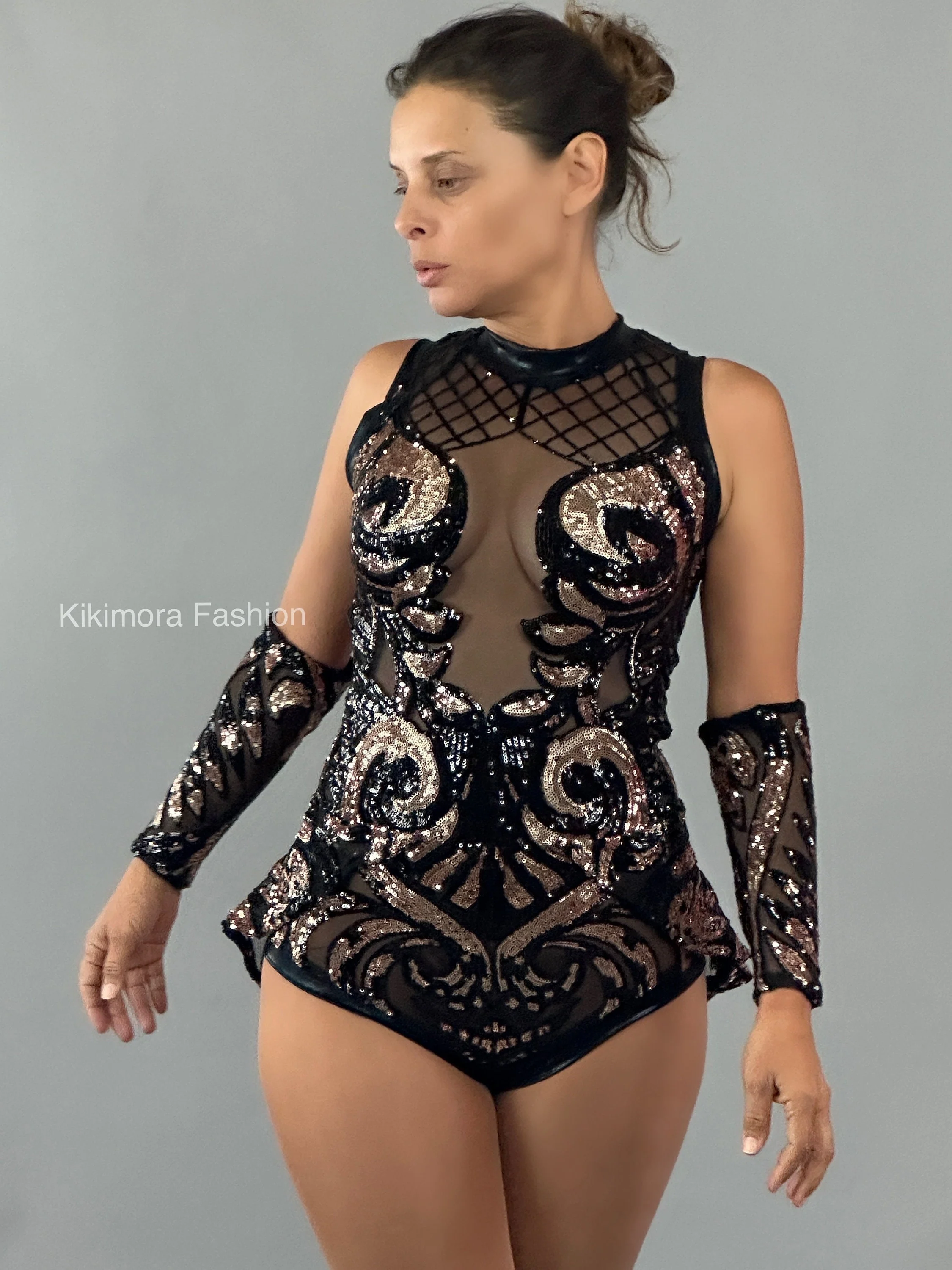 Black and Rose Gold Sequins Mesh Leotard, Sleeveless, Hand Accessories - Image 4