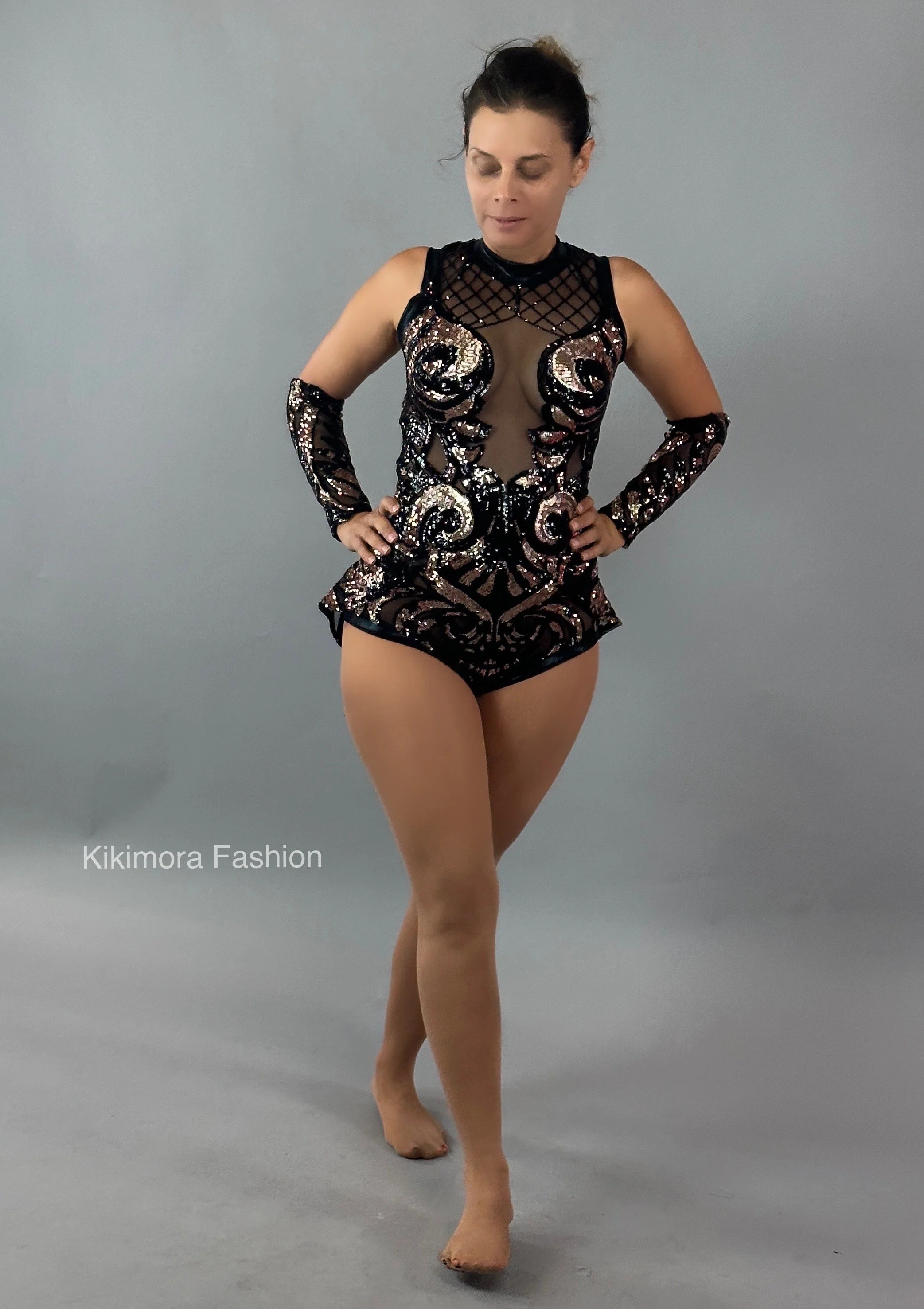 Black and Rose Gold Sequins Mesh Leotard, Sleeveless, Hand Accessories - Image 7