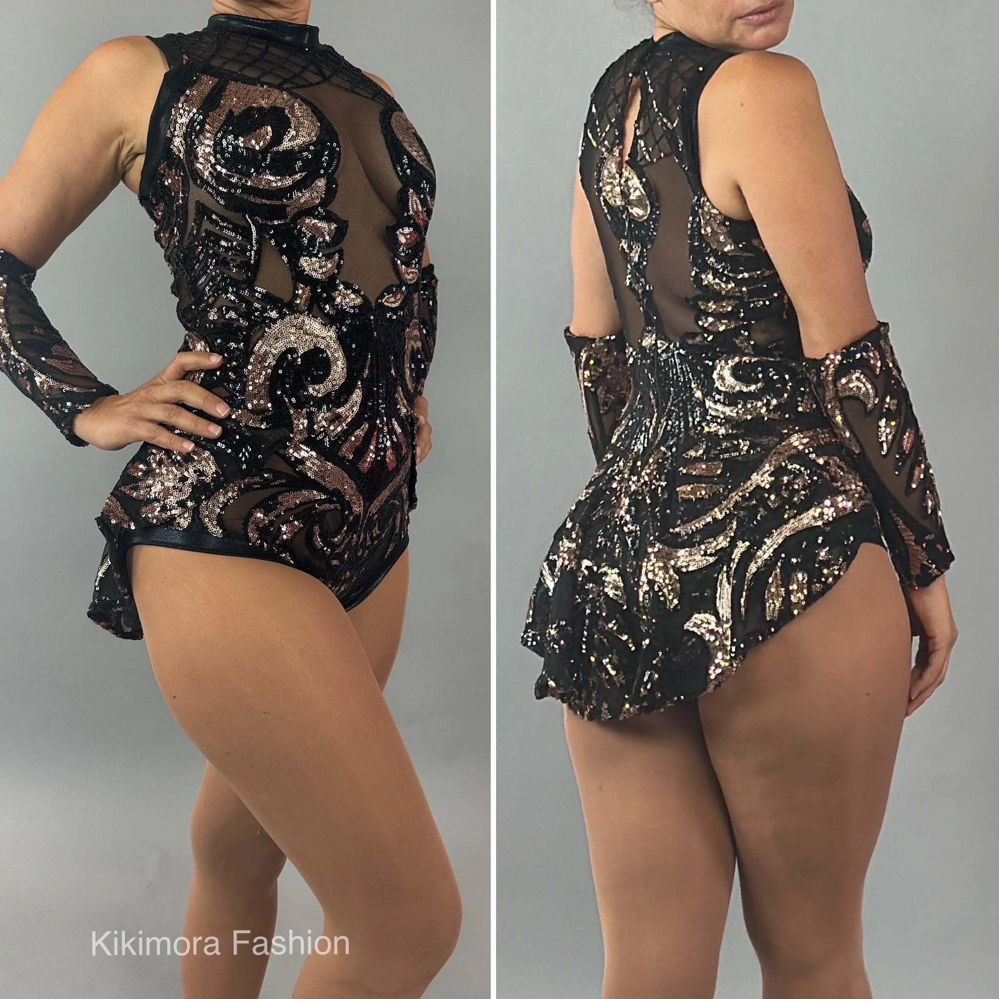 Black and Rose Gold Sequins Mesh Leotard, Sleeveless, Hand Accessories - Image 8