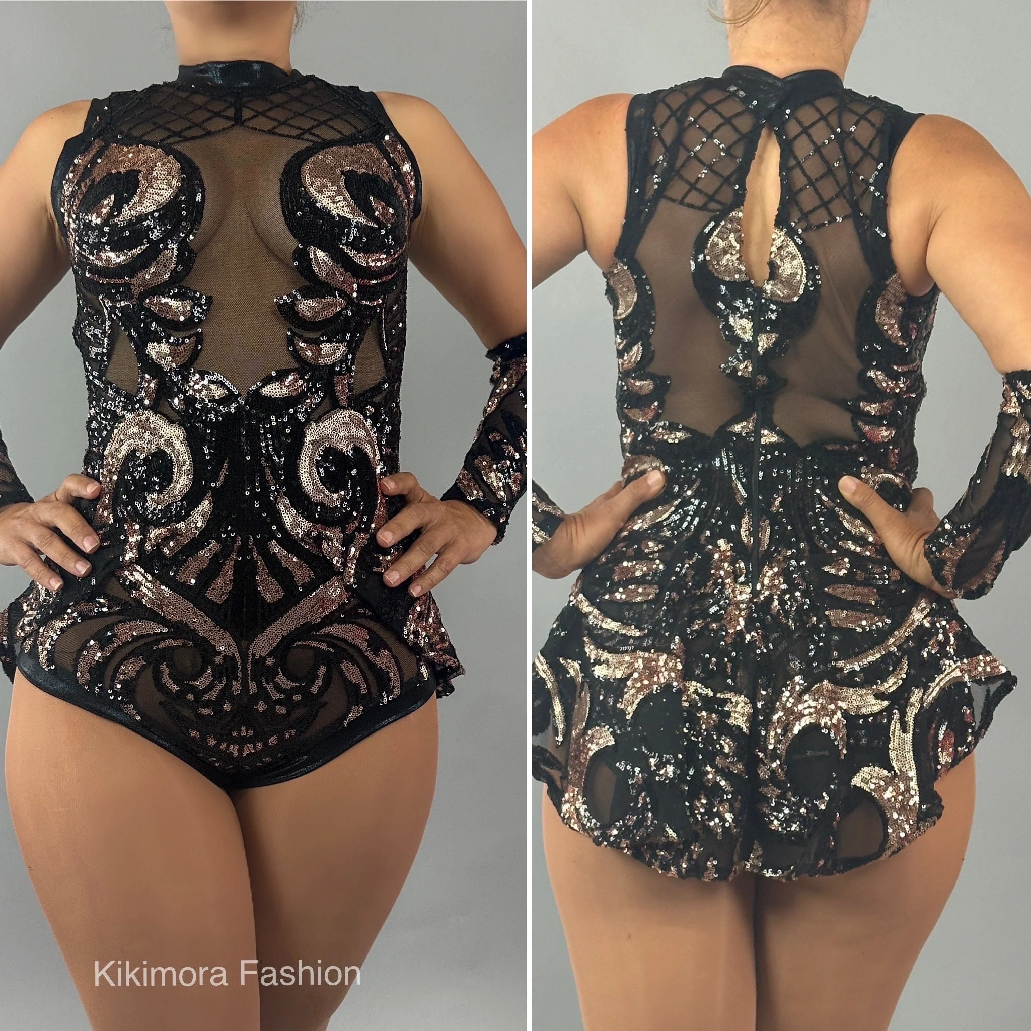 Black and Rose Gold Sequins Mesh Leotard, Sleeveless, Hand Accessories - Image 9