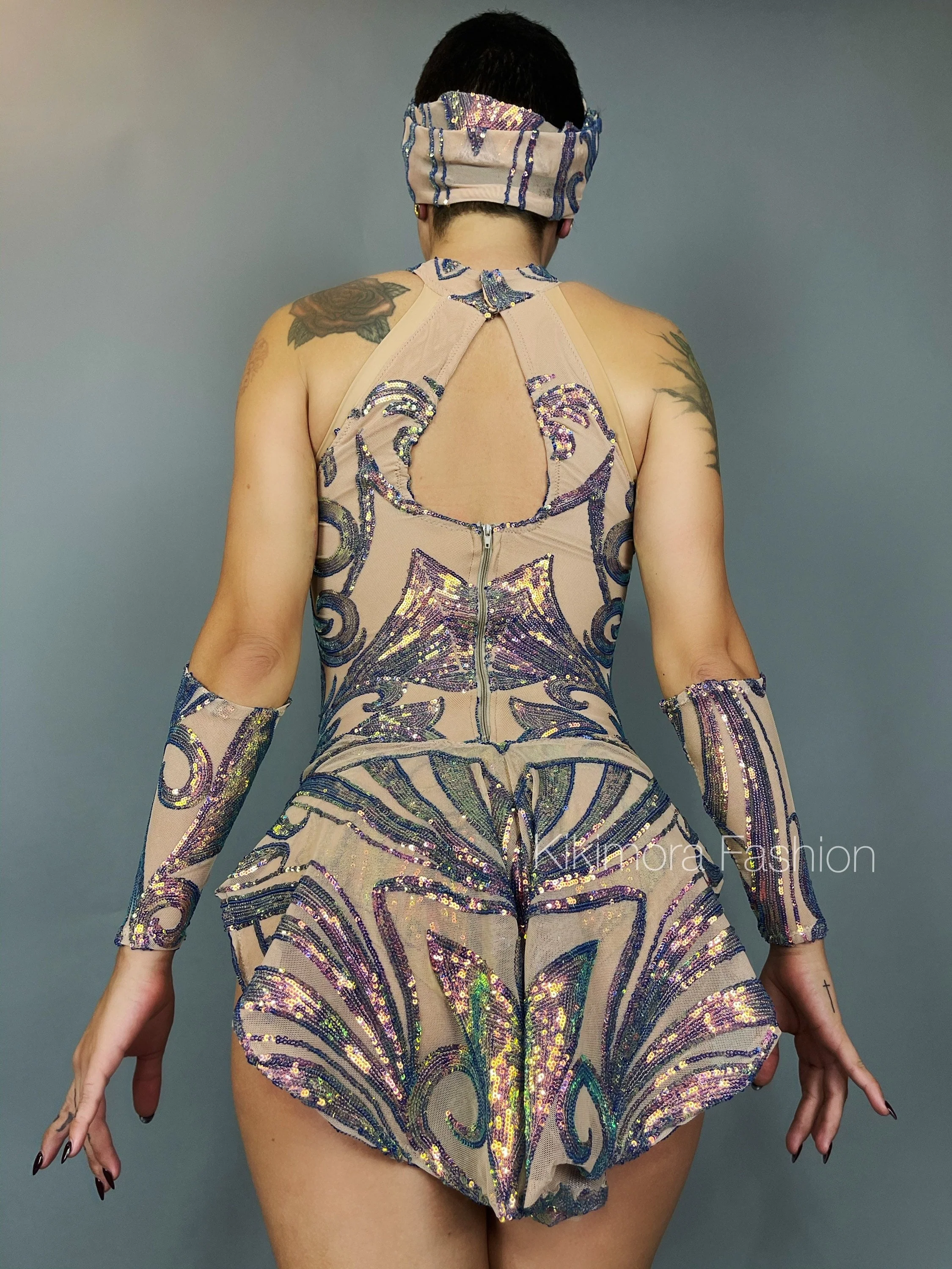 Iridescent Sequins Skin Tone Leotard, Halterneck, Includes Hand Accessories - Image 10