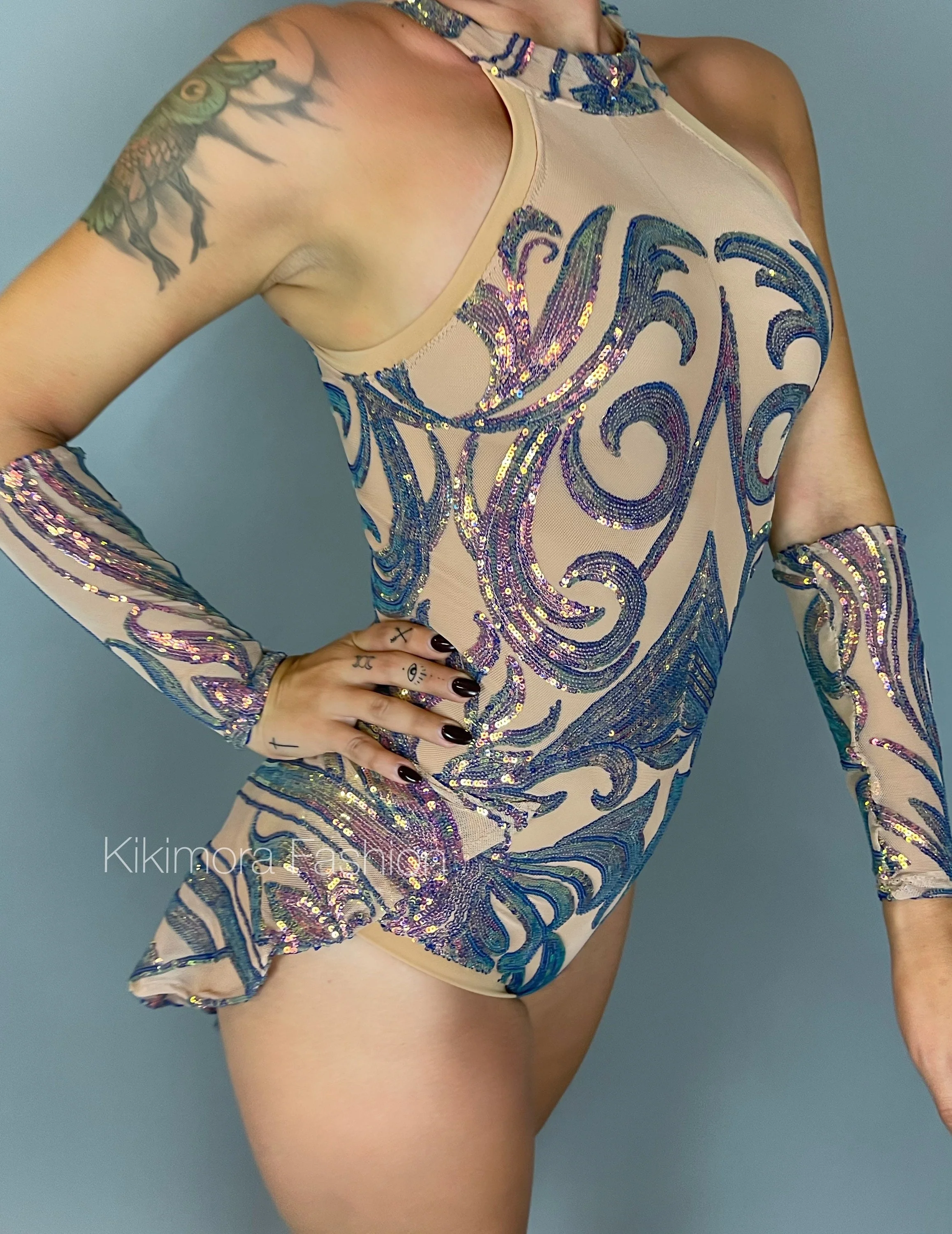 Iridescent Sequins Skin Tone Leotard, Halterneck, Includes Hand Accessories - Image 6