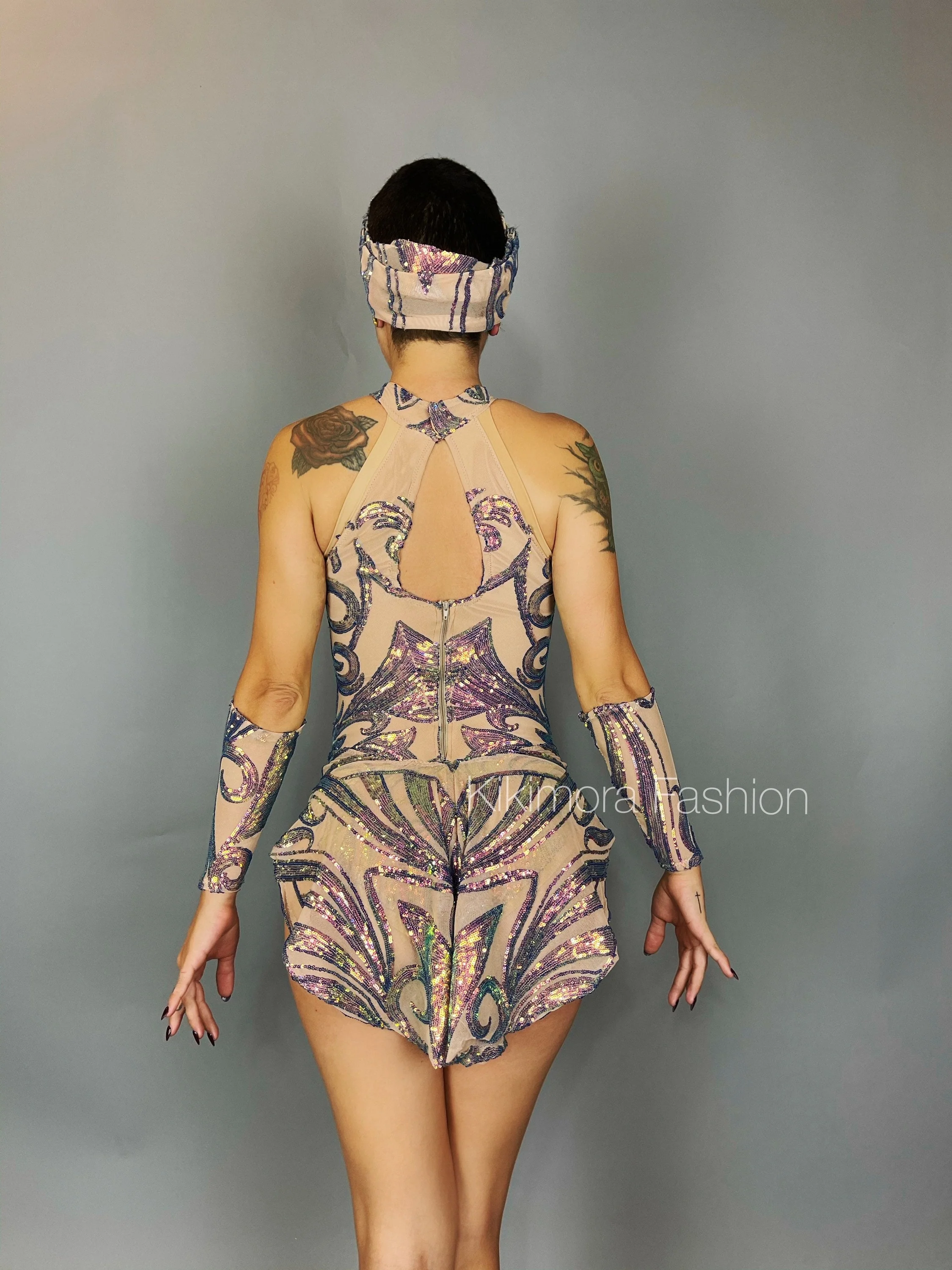 Iridescent Sequins Skin Tone Leotard, Halterneck, Includes Hand Accessories - Image 8