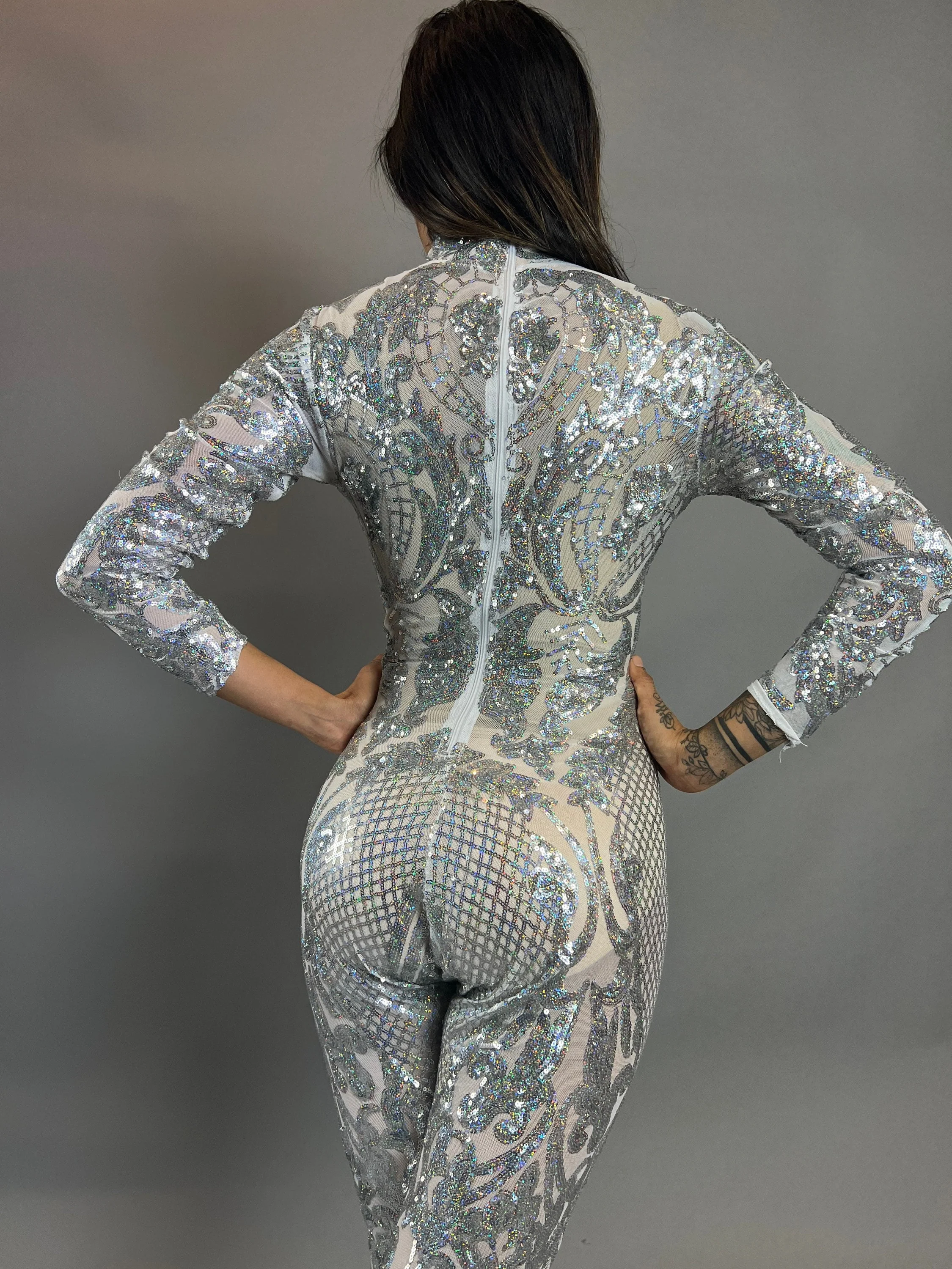 Silver Sequin Jumpsuit, Floral Mesh Bodysuit, Showgirl Costume, Sheer Performance Wear, Gymnastics Outfit, Long Sleeve - Image 6