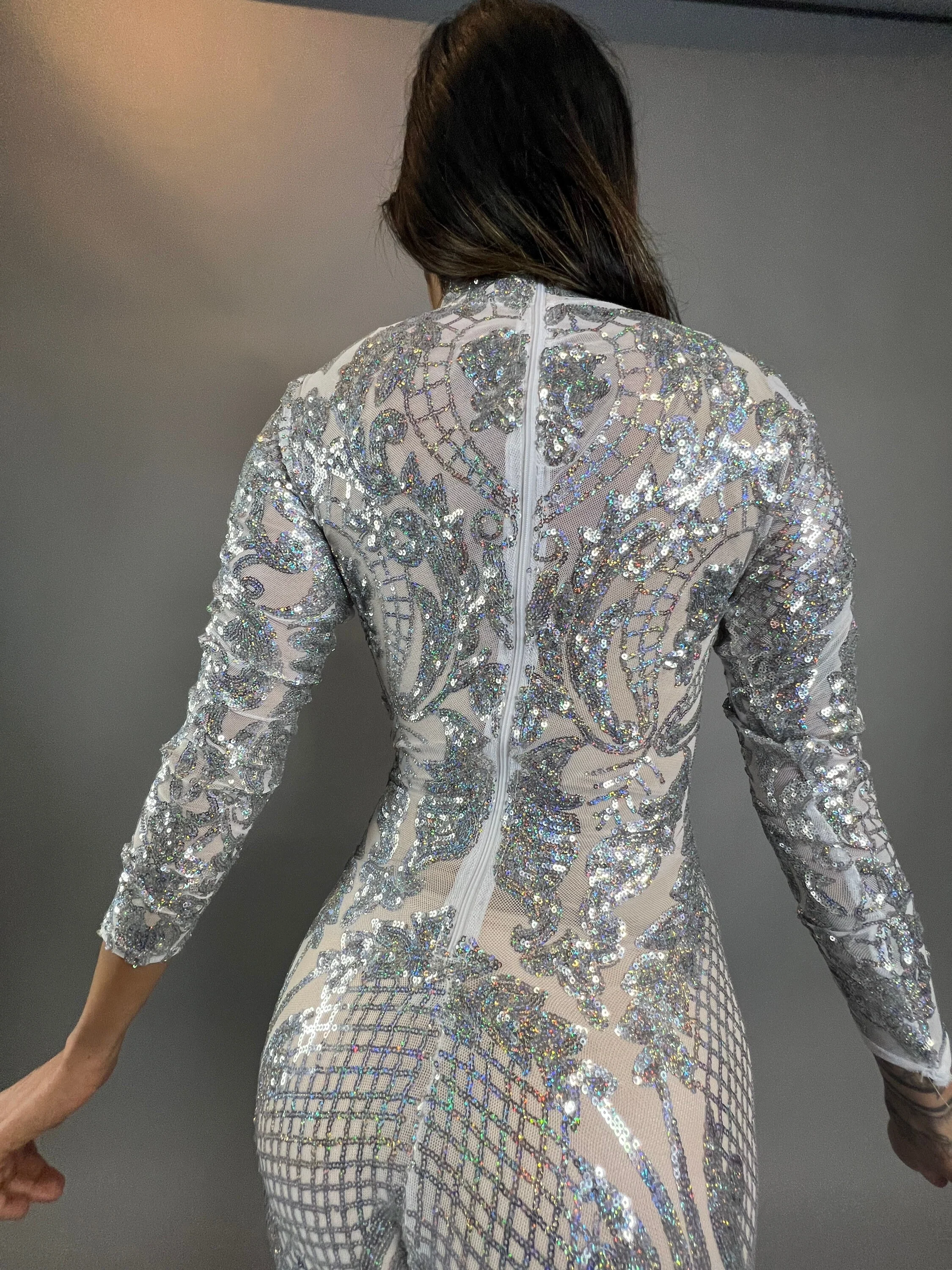 Silver Sequin Jumpsuit, Floral Mesh Bodysuit, Showgirl Costume, Sheer Performance Wear, Gymnastics Outfit, Long Sleeve - Image 8