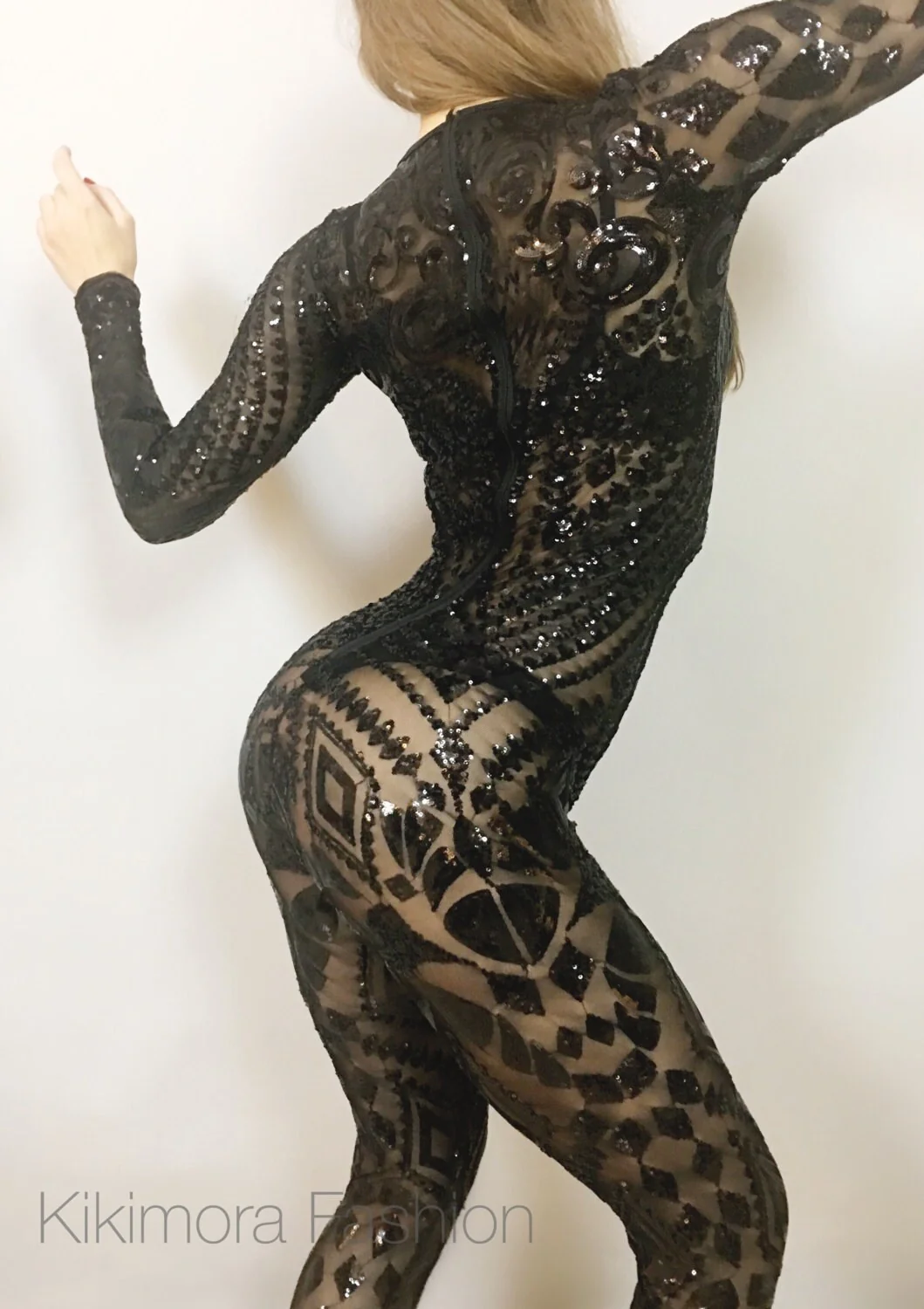 Showgirl Costume, Black Sequin Jumpsuit, Sheer Bodysuit, Bellydance Outfit, Men or Women, Floral Mesh Unitard - Image 7