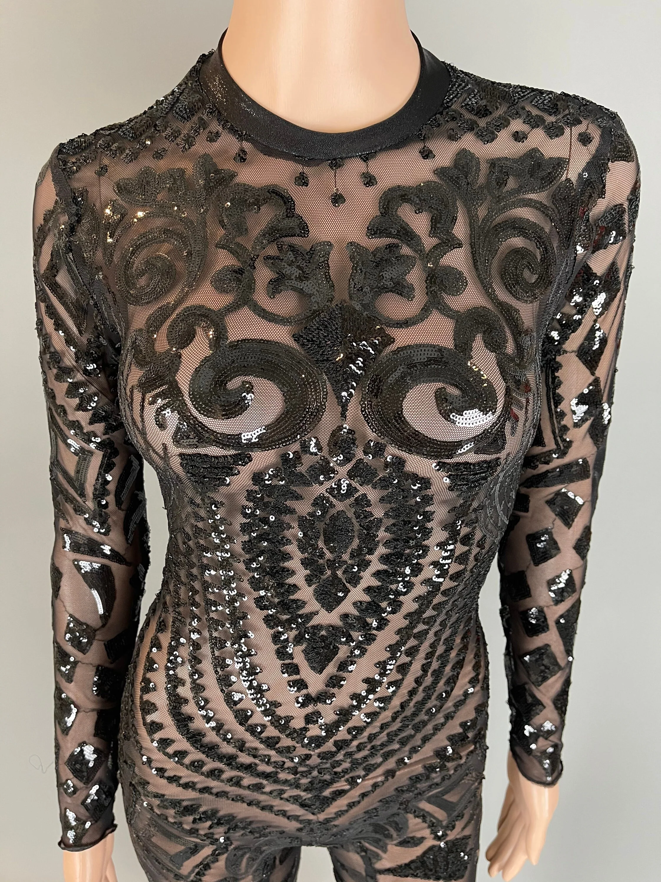 Showgirl Costume, Black Sequin Jumpsuit, Sheer Bodysuit, Bellydance Outfit, Men or Women, Floral Mesh Unitard - Image 9