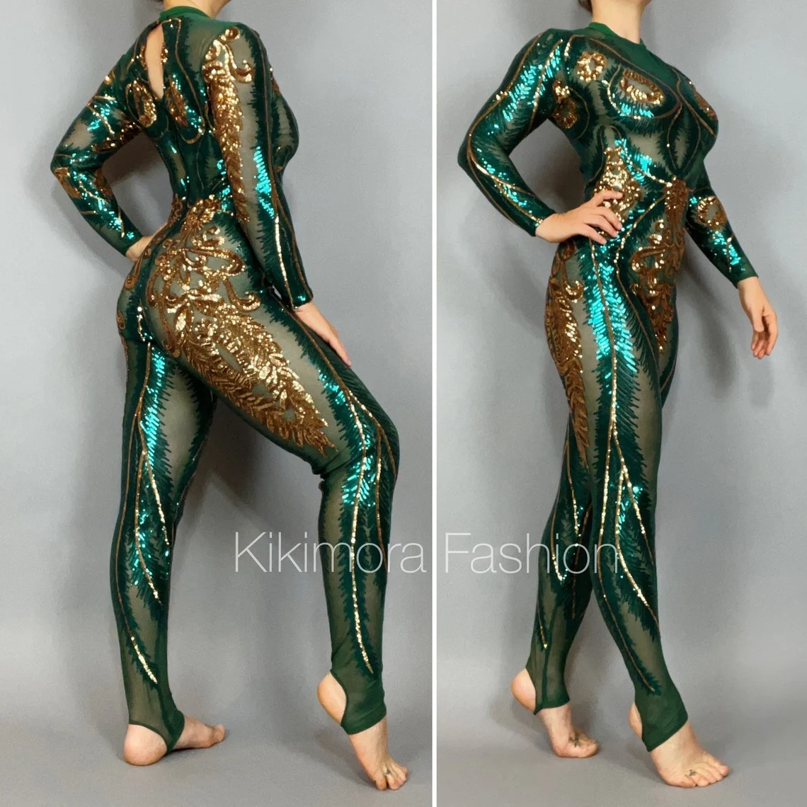 Showgirl Gymnastic Costume, Sequin Bodysuit for Women or Men, Black Sheer Jumpsuit, dance competition , Bridal Bodysuit, Custom Made - Image 9