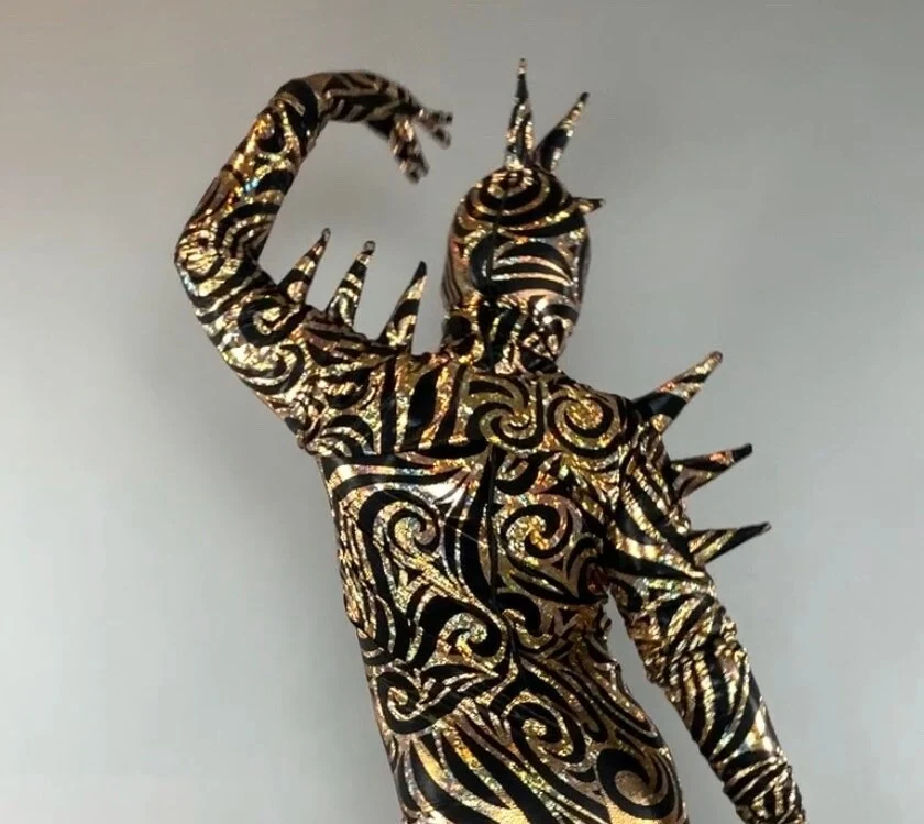 Spiky Gold and Black Catsuit, Hologram Swirl Spandex Jumpsuit, Full Body Stretch Suit, Creature Costume with Spikes - Image 6