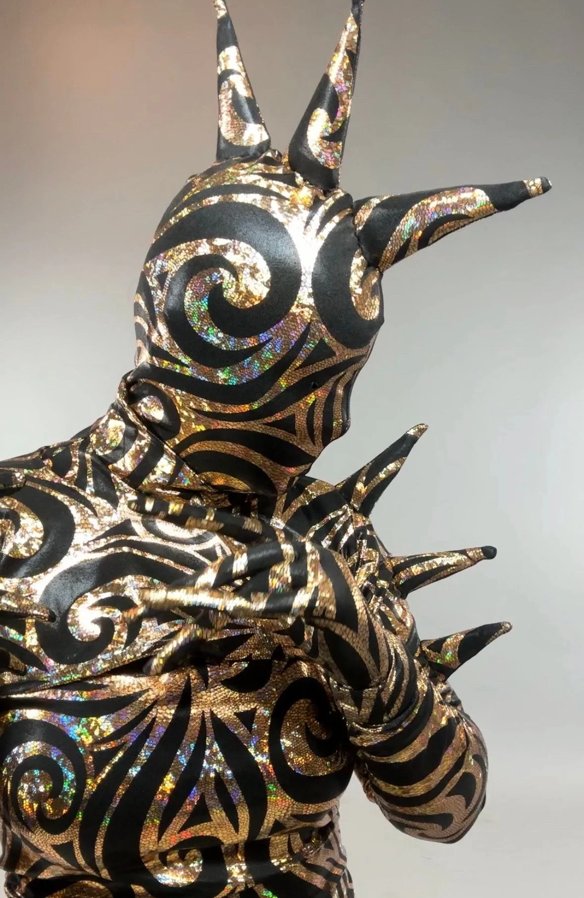Spiky Gold and Black Catsuit, Hologram Swirl Spandex Jumpsuit, Full Body Stretch Suit, Creature Costume with Spikes - Image 8