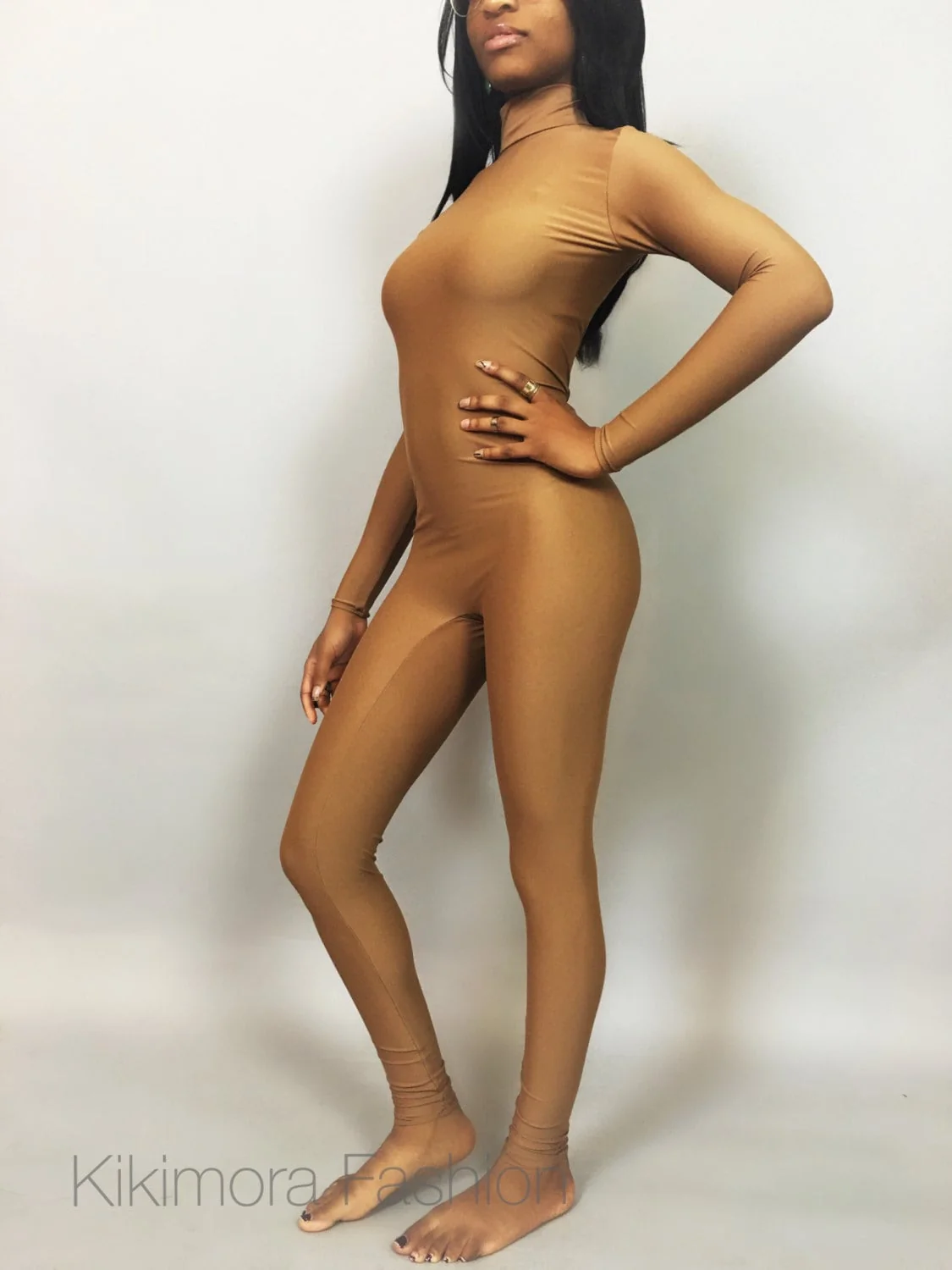Nude Catsuit, Skin Tone Spandex Jumpsuit, Full Body Stretch Bodysuit, Turtleneck with Shoulder Zippers, 4 Way Stretch Performance Wear - Image 3