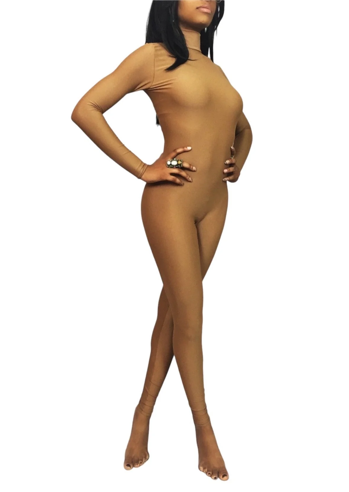 Nude Catsuit, Skin Tone Spandex Jumpsuit, Full Body Stretch Bodysuit, Turtleneck Long Sleeve Performance Wear, Custom Made - Image 8