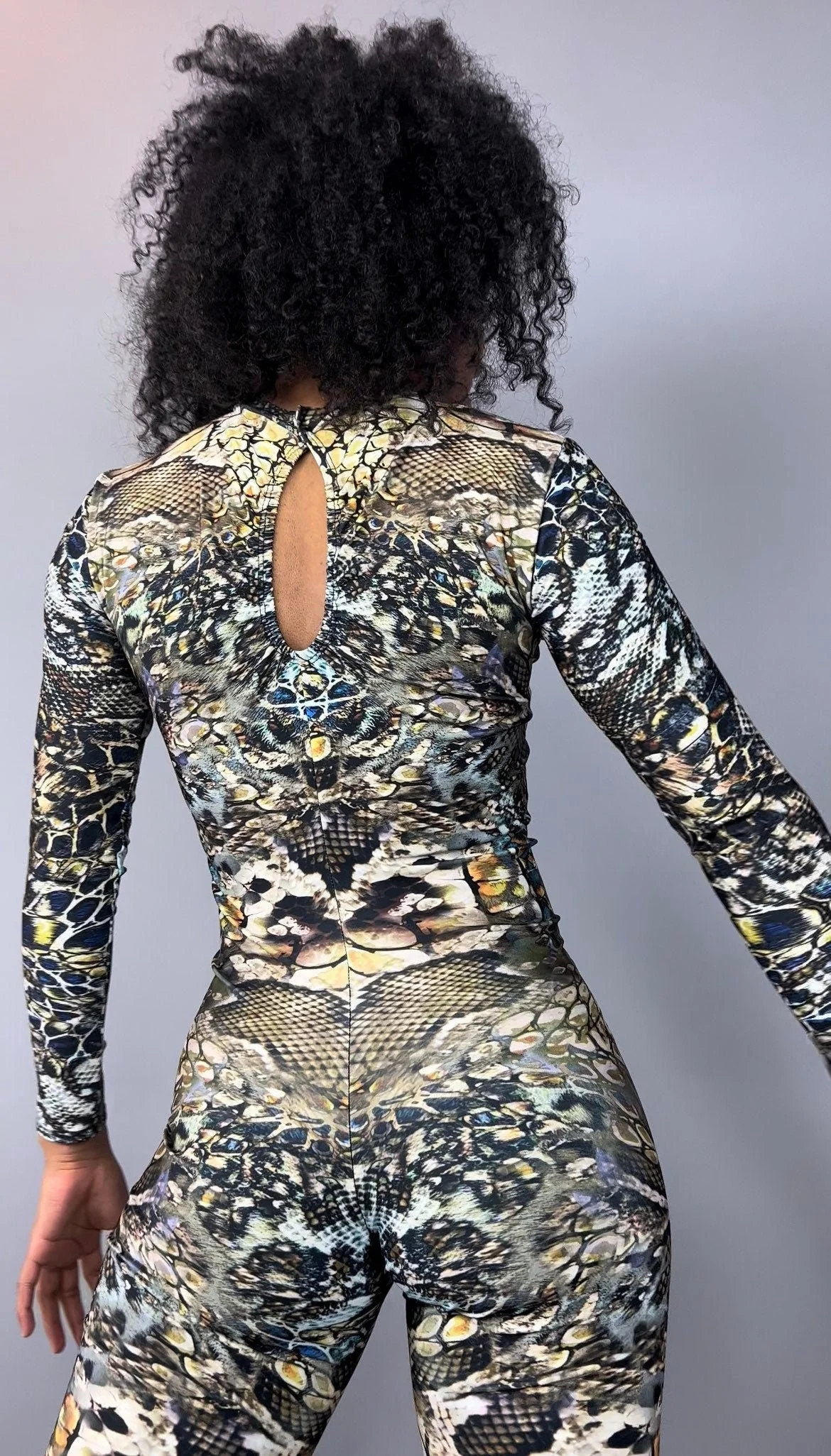 Snake Print Jumpsuit, Reptile Pattern Catsuit, Long Sleeve Bodysuit, Water Sports Unitard, Exotic Dancewear, Keyhole Back One Piece - Image 3