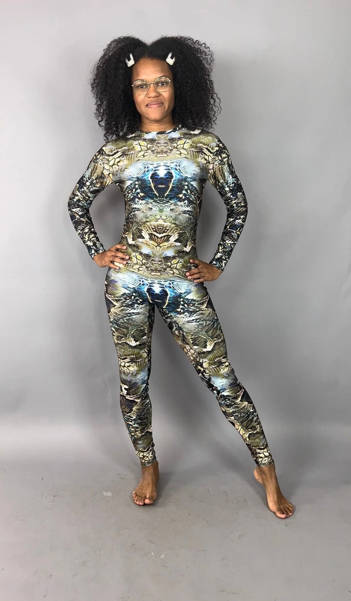 Snake Print Jumpsuit, Reptile Pattern Catsuit, Long Sleeve Bodysuit, Water Sports Unitard, Exotic Dancewear, Keyhole Back One Piece - Image 4