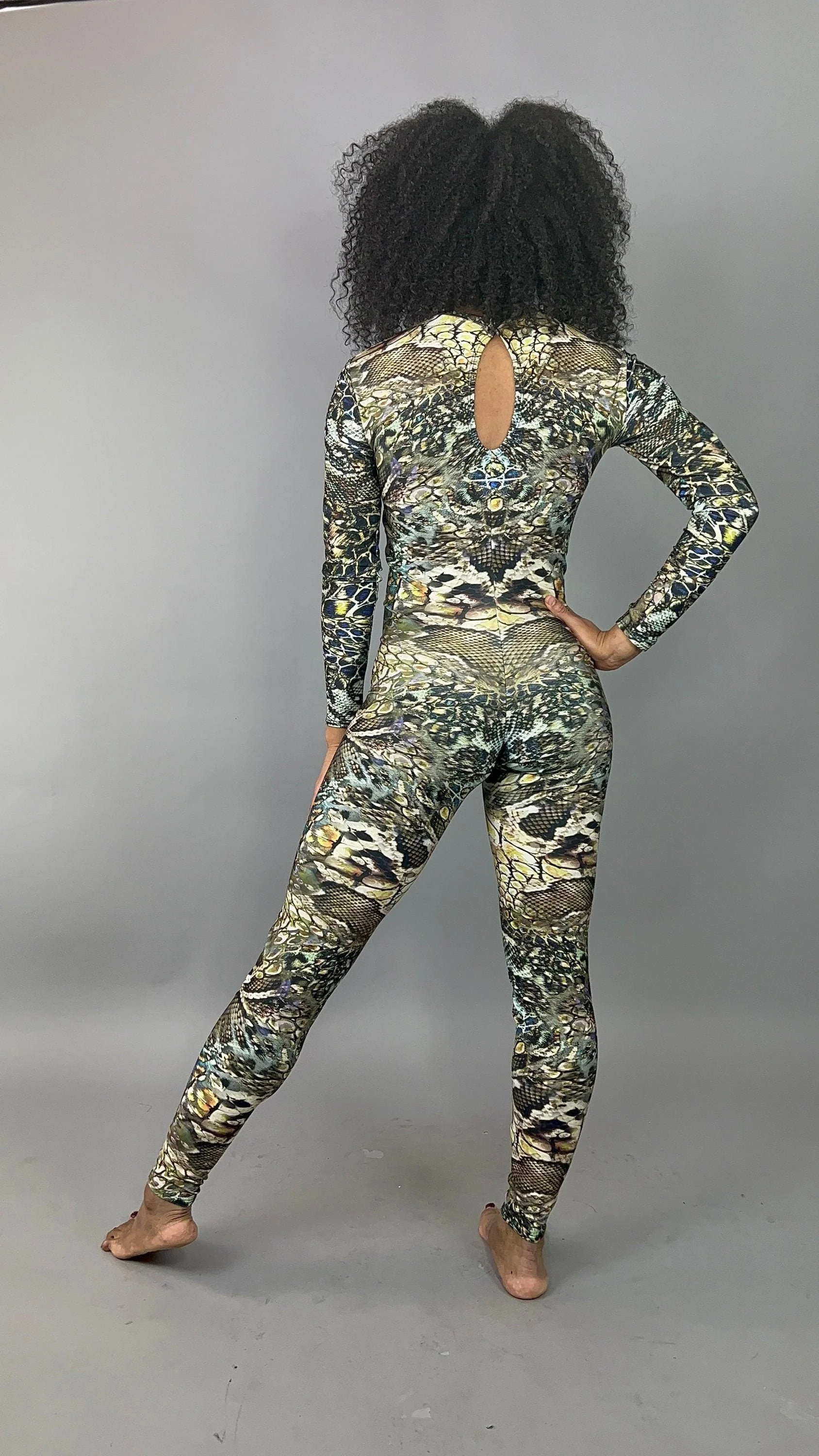 Snake Print Jumpsuit, Reptile Pattern Catsuit, Long Sleeve Bodysuit, Water Sports Unitard, Exotic Dancewear, Keyhole Back One Piece - Image 7