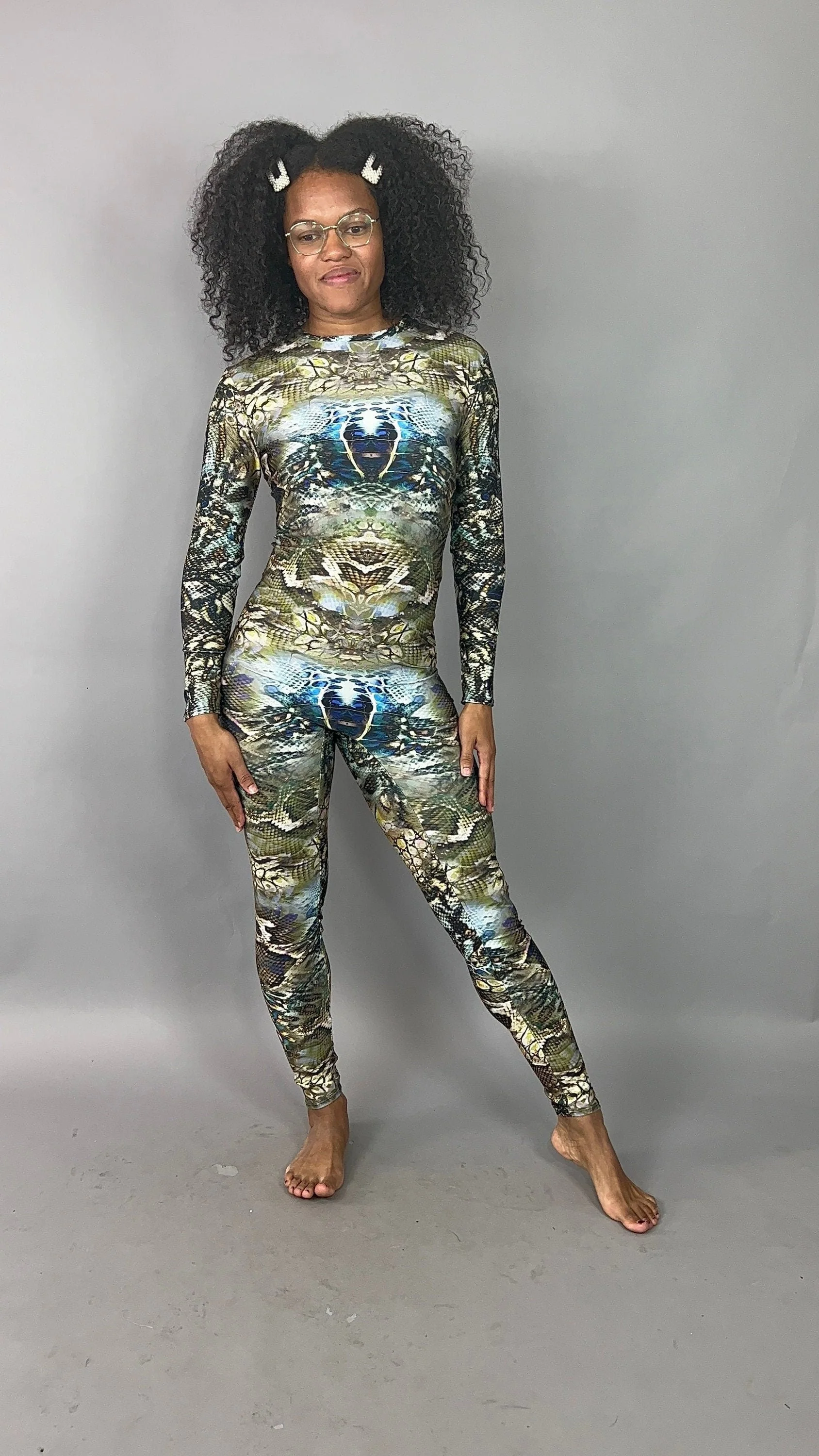 Snake Print Jumpsuit, Reptile Pattern Catsuit, Long Sleeve Bodysuit, Water Sports Unitard, Exotic Dancewear, Keyhole Back One Piece - Image 9