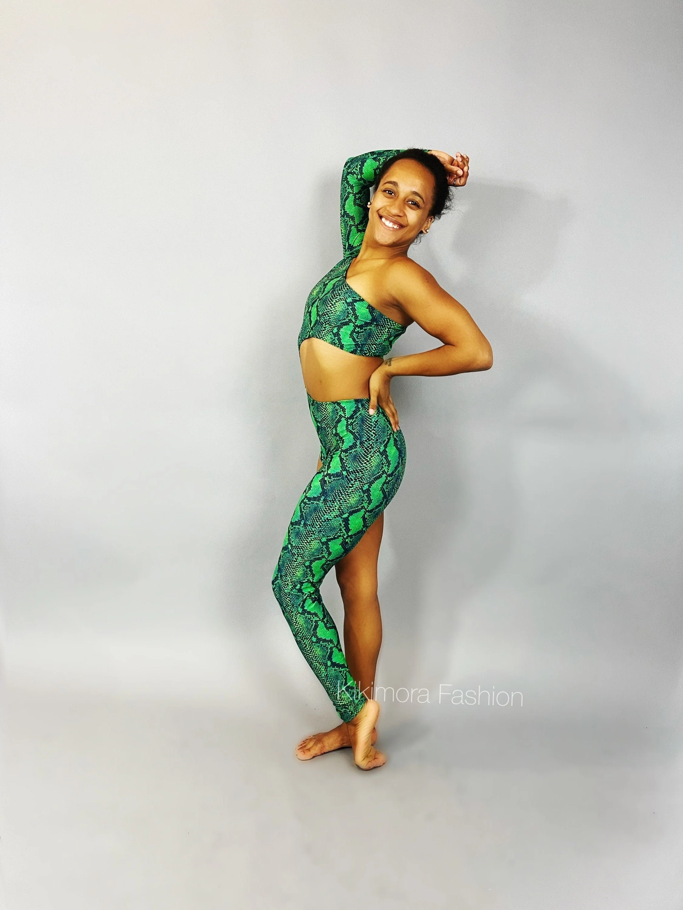 Green Snake Print Bodysuit, Asymmetrical Catsuit, One Leg Unitard, Exotic Dancewear, Circus Costume, Reptile Spandex Jumpsuit, Acrobatic Outfit - Image 6
