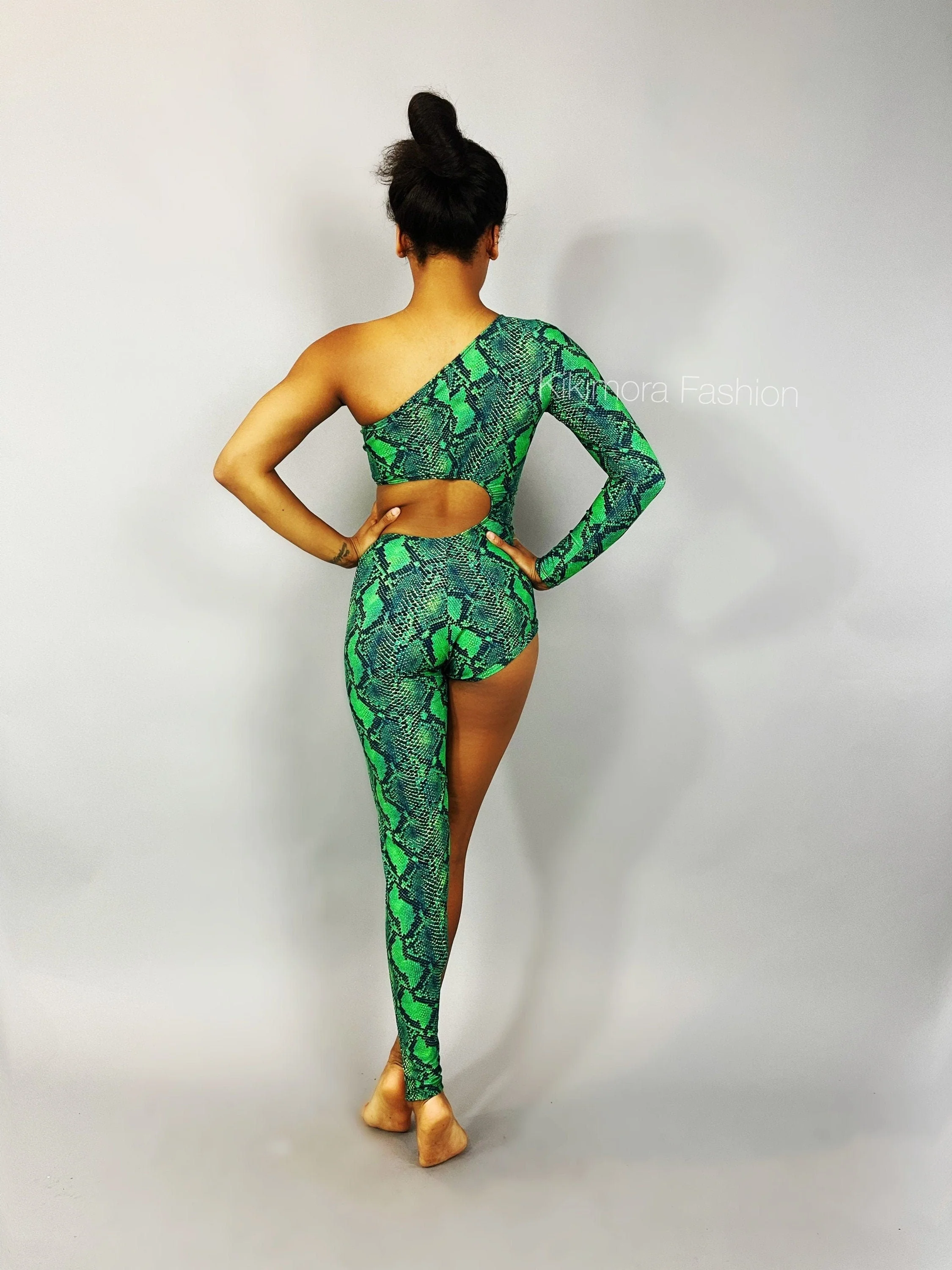Green Snake Print Bodysuit, Asymmetrical Catsuit, One Leg Unitard, Exotic Dancewear, Circus Costume, Reptile Spandex Jumpsuit, Acrobatic Outfit - Image 8
