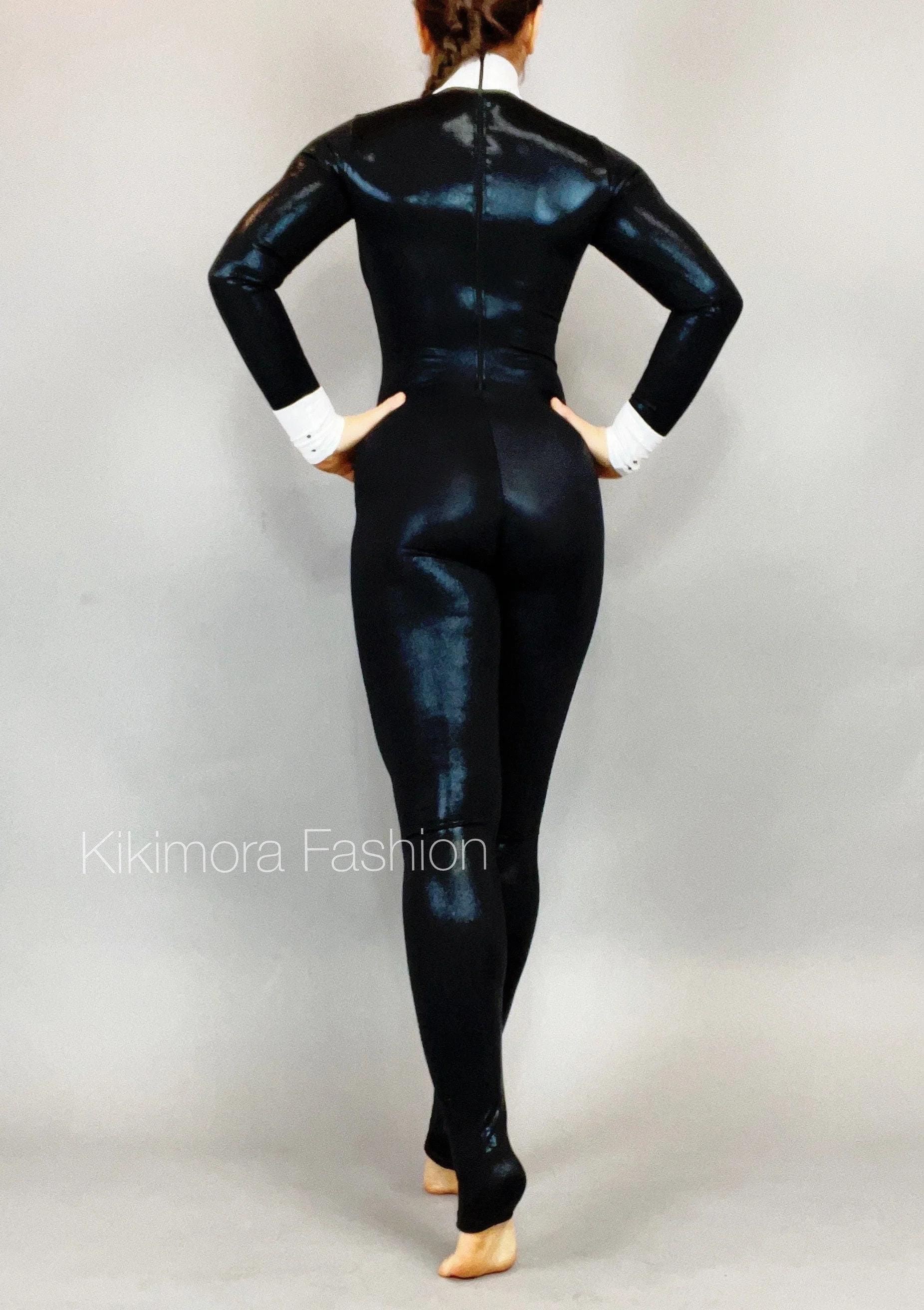Unisex Black and White Tuxedo Catsuit, Full Sleeves Stagewear, Turtleneck, Bow - Image 10