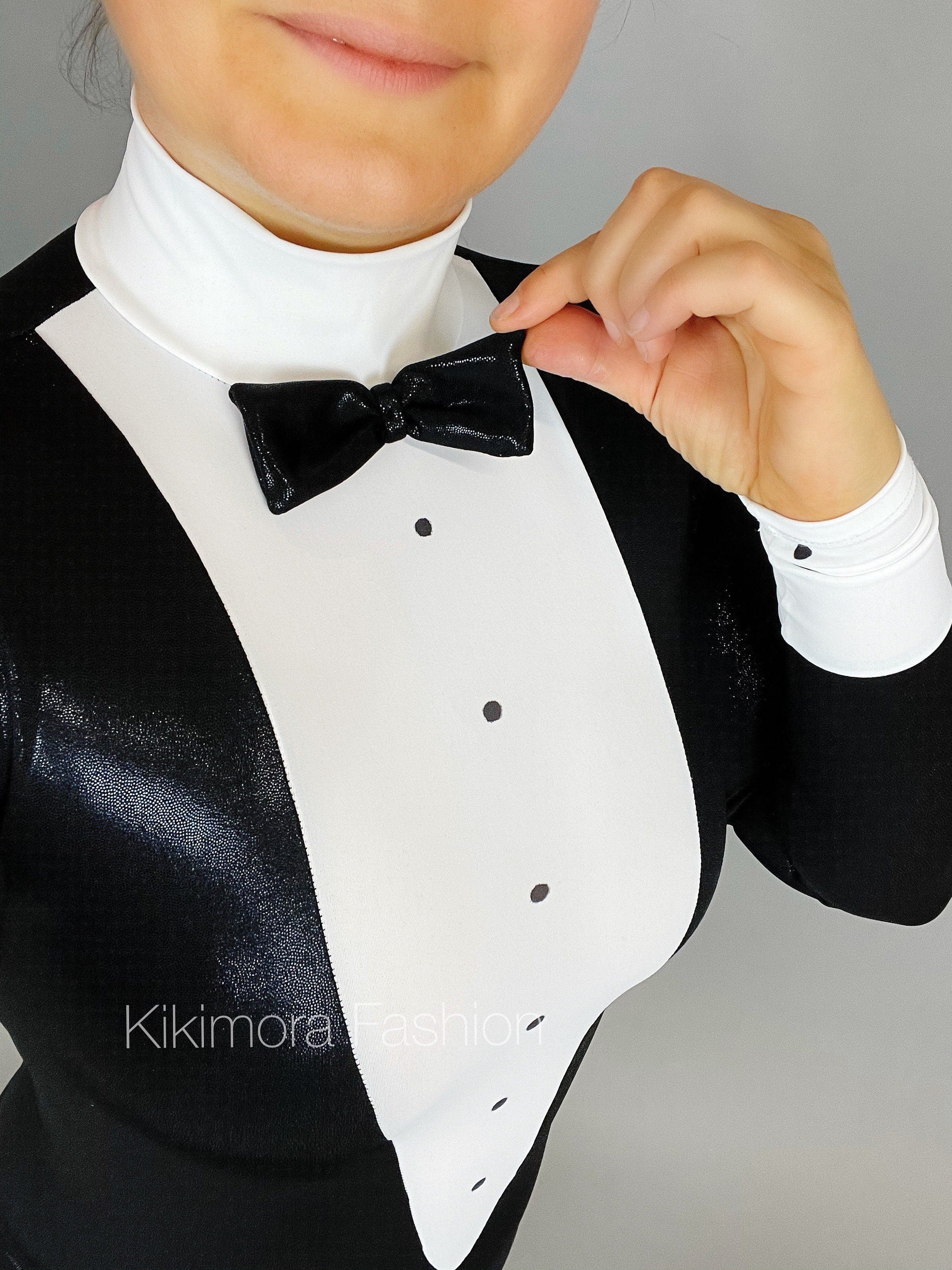 Unisex Black and White Tuxedo Catsuit, Full Sleeves Stagewear, Turtleneck, Bow - Image 9