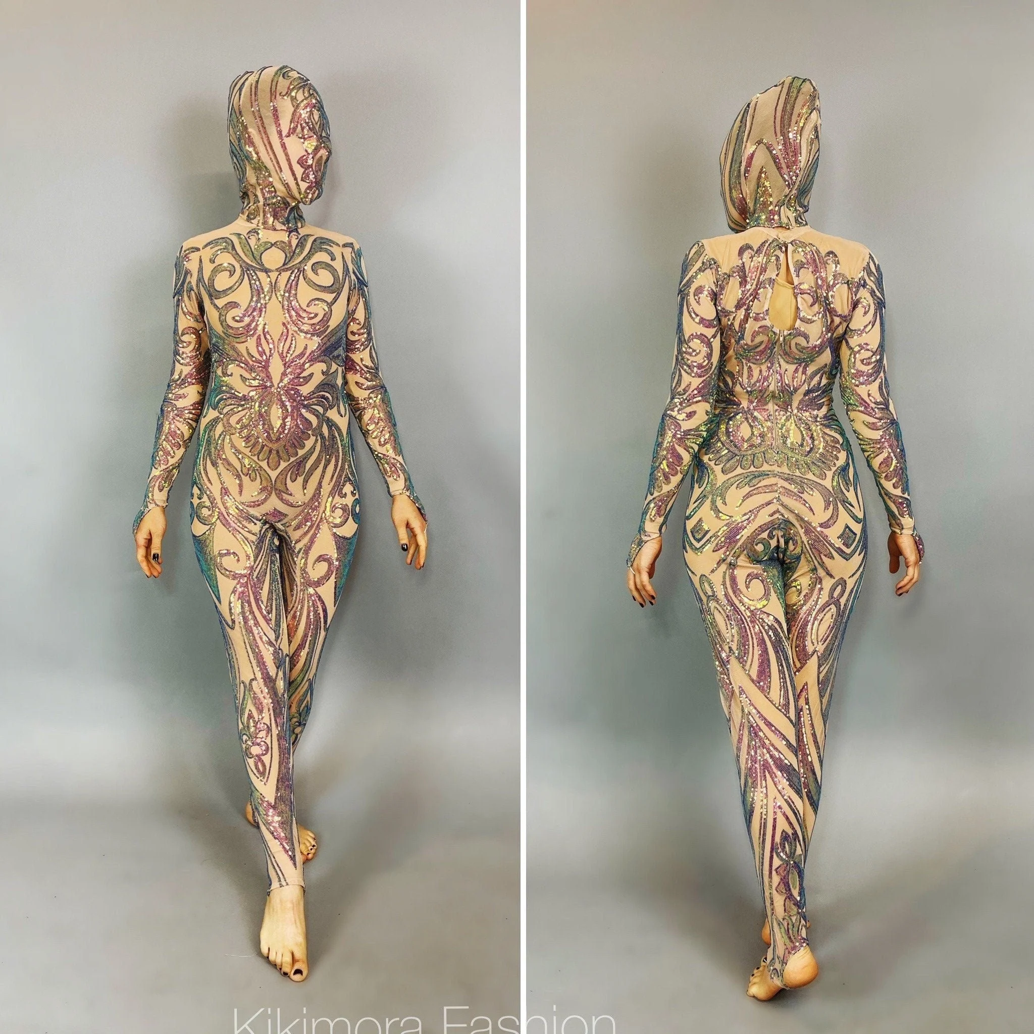 Iridescent Sequin Catsuit, Nude Illusion Bodysuit, Full Body Stretch Unitard, Exotic Dancewear, Zentai Suit Costume, Bridal Outfit - Image 7