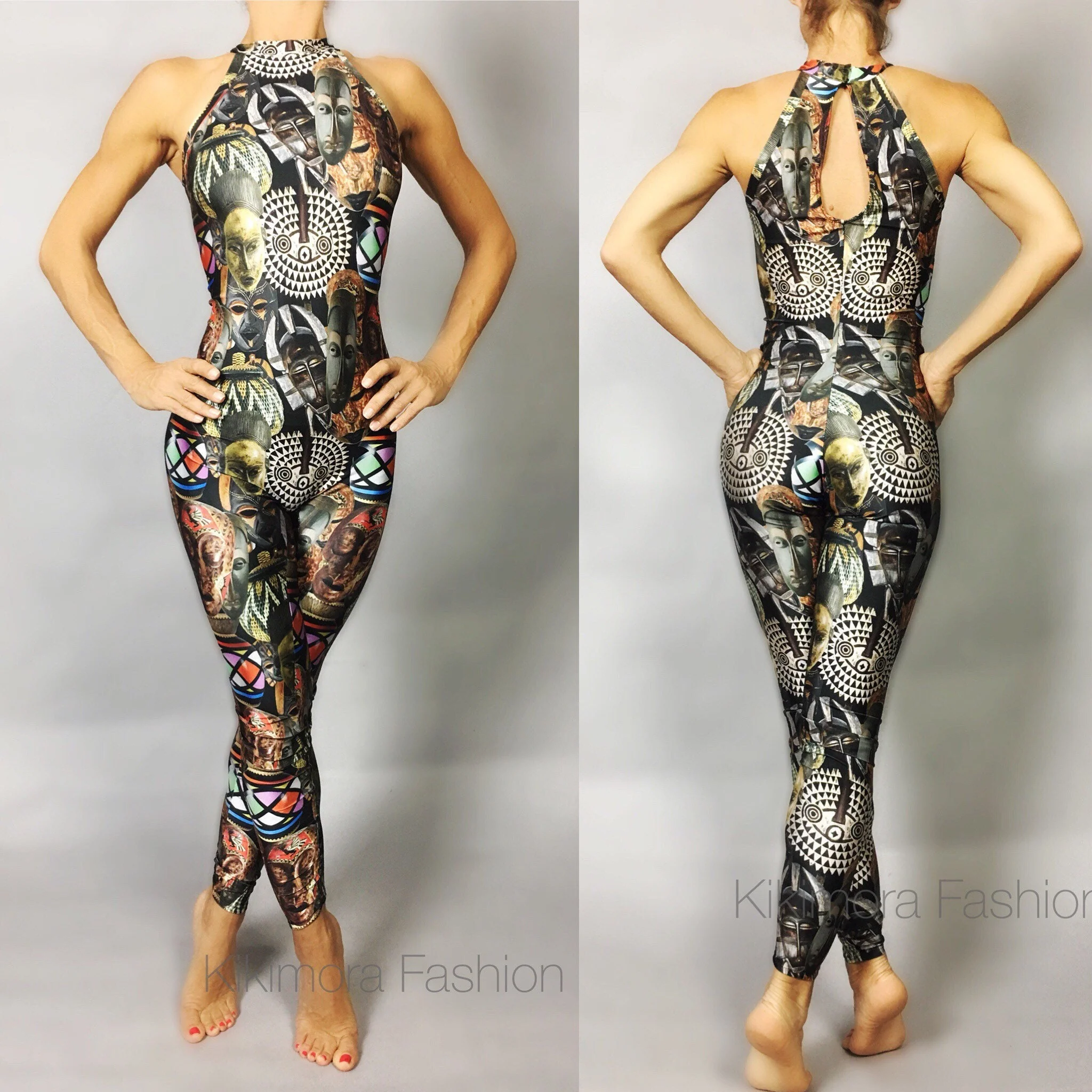 African Mask Print Catsuit, Halter Top Spandex Jumpsuit, Full Body Stretch Bodysuit, Sleeveless Performance Wear, Custom Fit - Image 3
