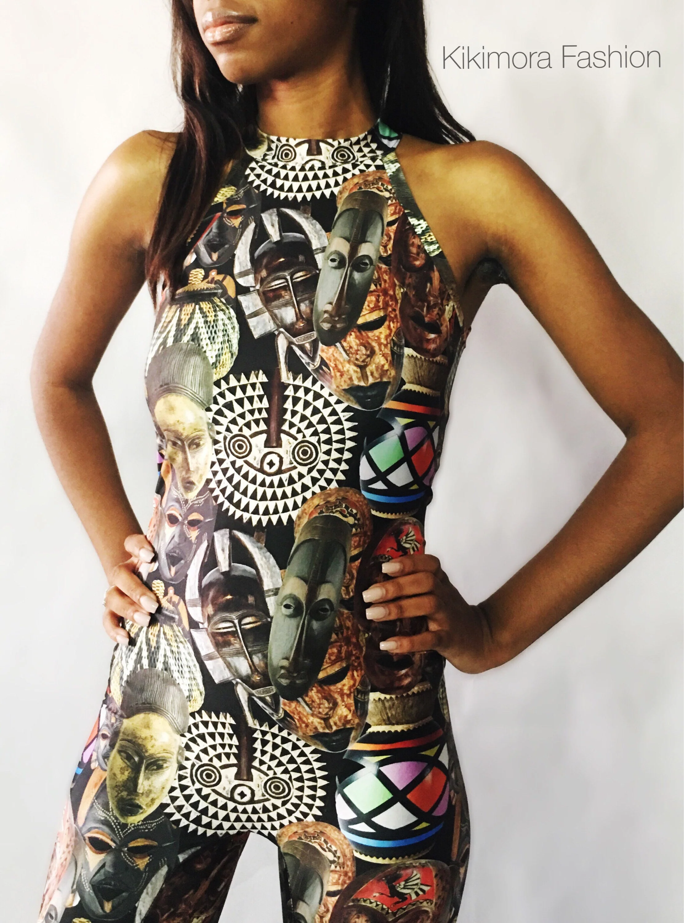 African Mask Print Catsuit, Halter Top Spandex Jumpsuit, Full Body Stretch Bodysuit, Sleeveless Performance Wear, Custom Fit - Image 4