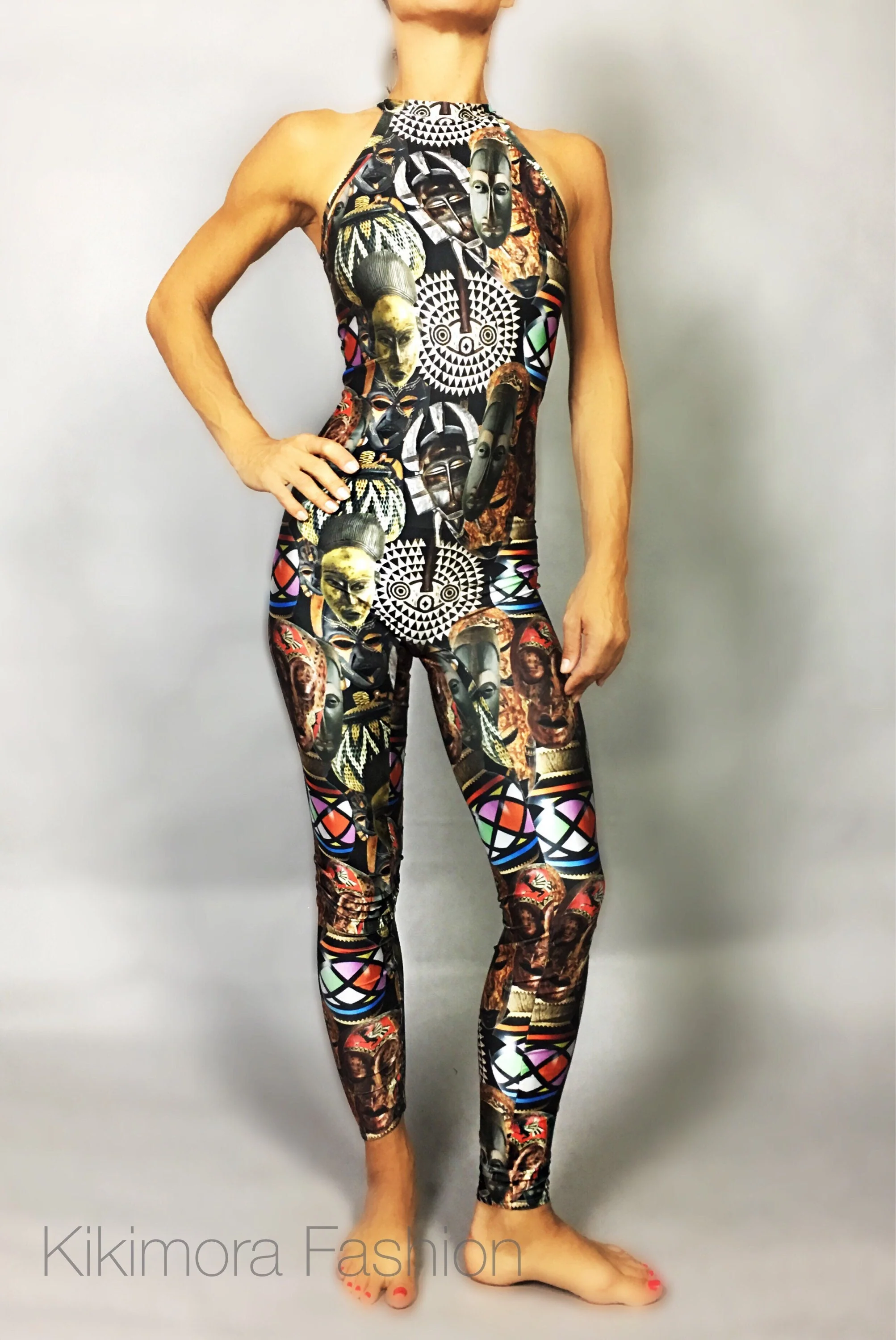 African Mask Print Catsuit, Halter Top Spandex Jumpsuit, Full Body Stretch Bodysuit, Sleeveless Performance Wear, Custom Fit - Image 7