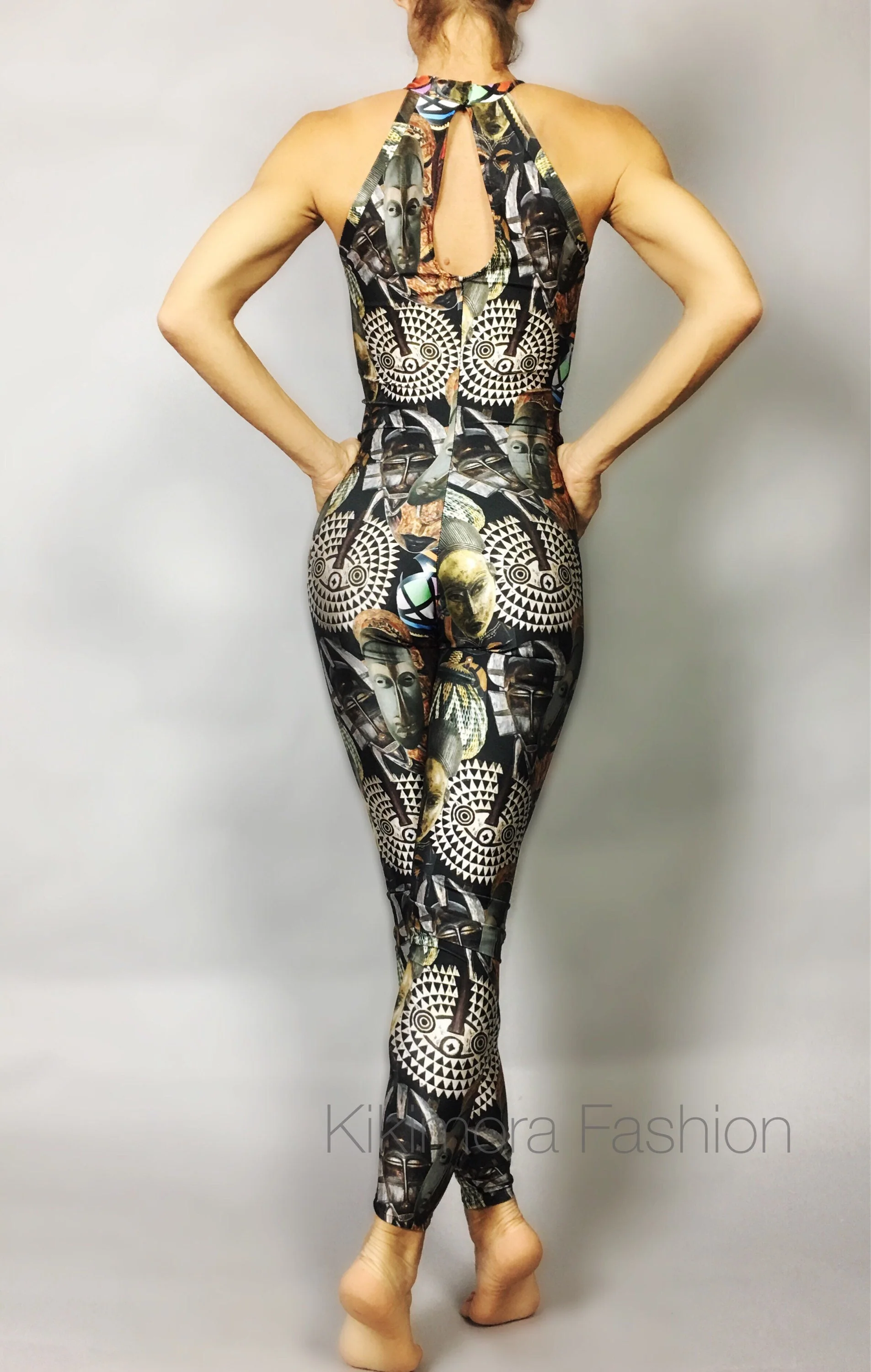 African Mask Print Catsuit, Halter Top Spandex Jumpsuit, Full Body Stretch Bodysuit, Sleeveless Performance Wear, Custom Fit - Image 8