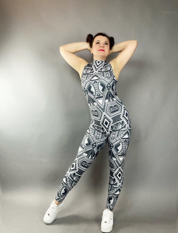 Geometric Catsuit, Halter Neck, UV-Reactive Tribal Print - Image 10