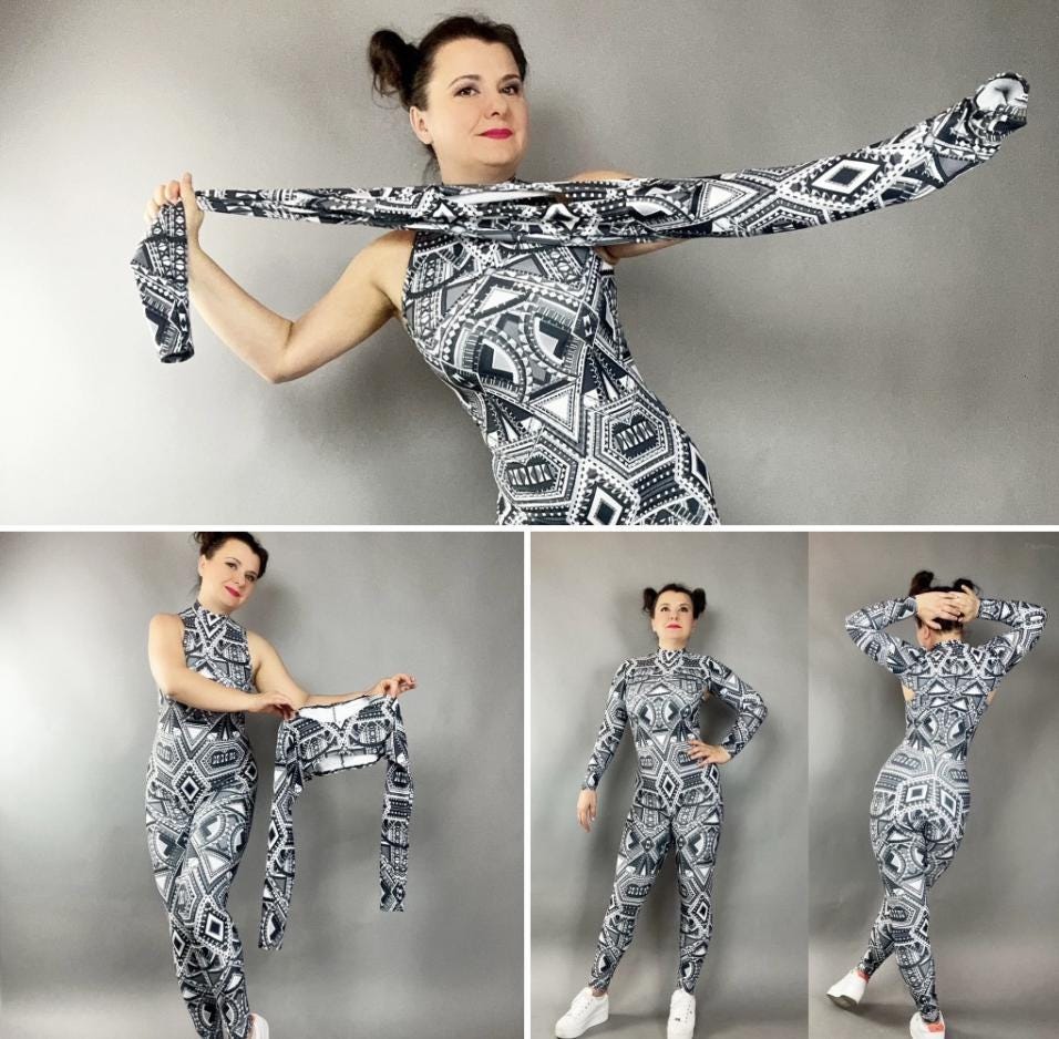 Geometric Catsuit, Halter Neck, UV-Reactive Tribal Print - Image 3