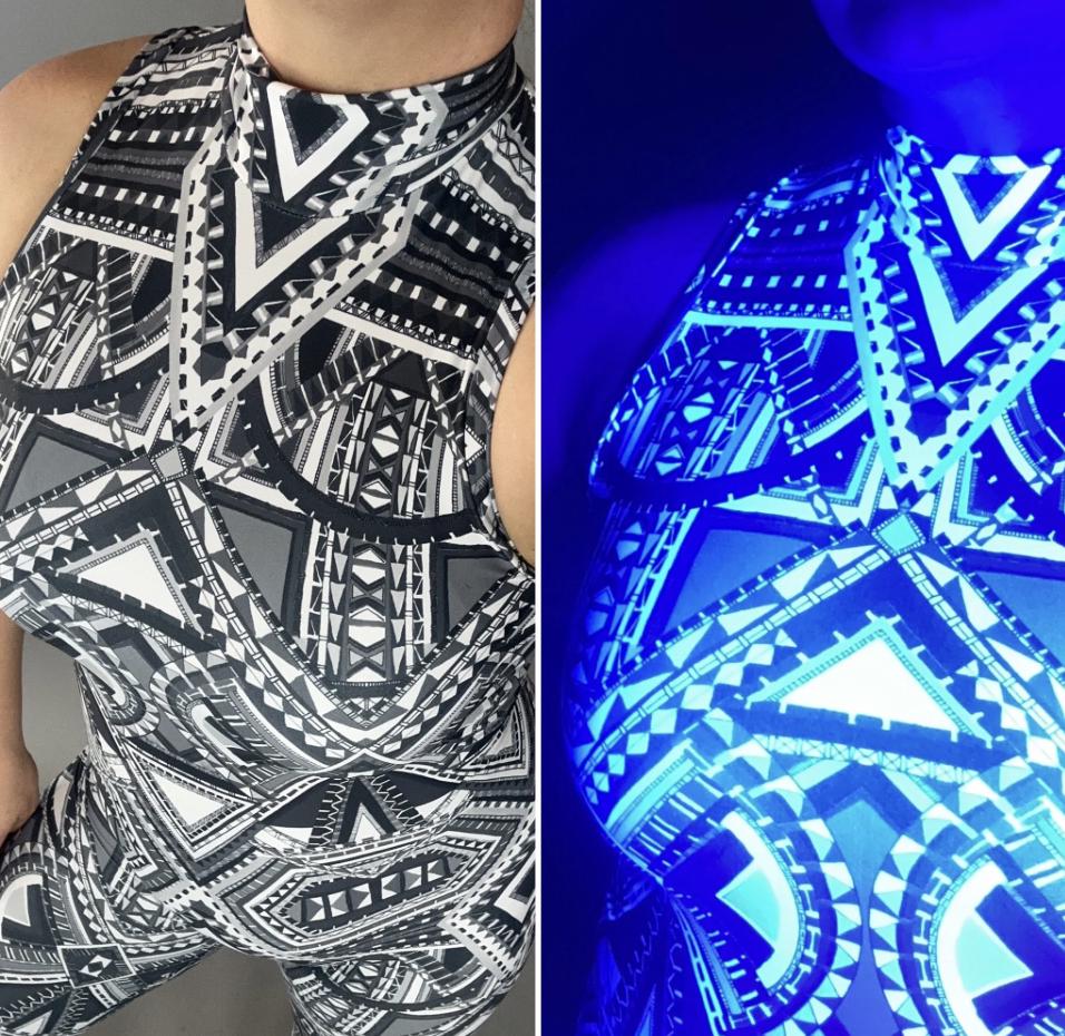 Geometric Catsuit, Halter Neck, UV-Reactive Tribal Print - Image 5