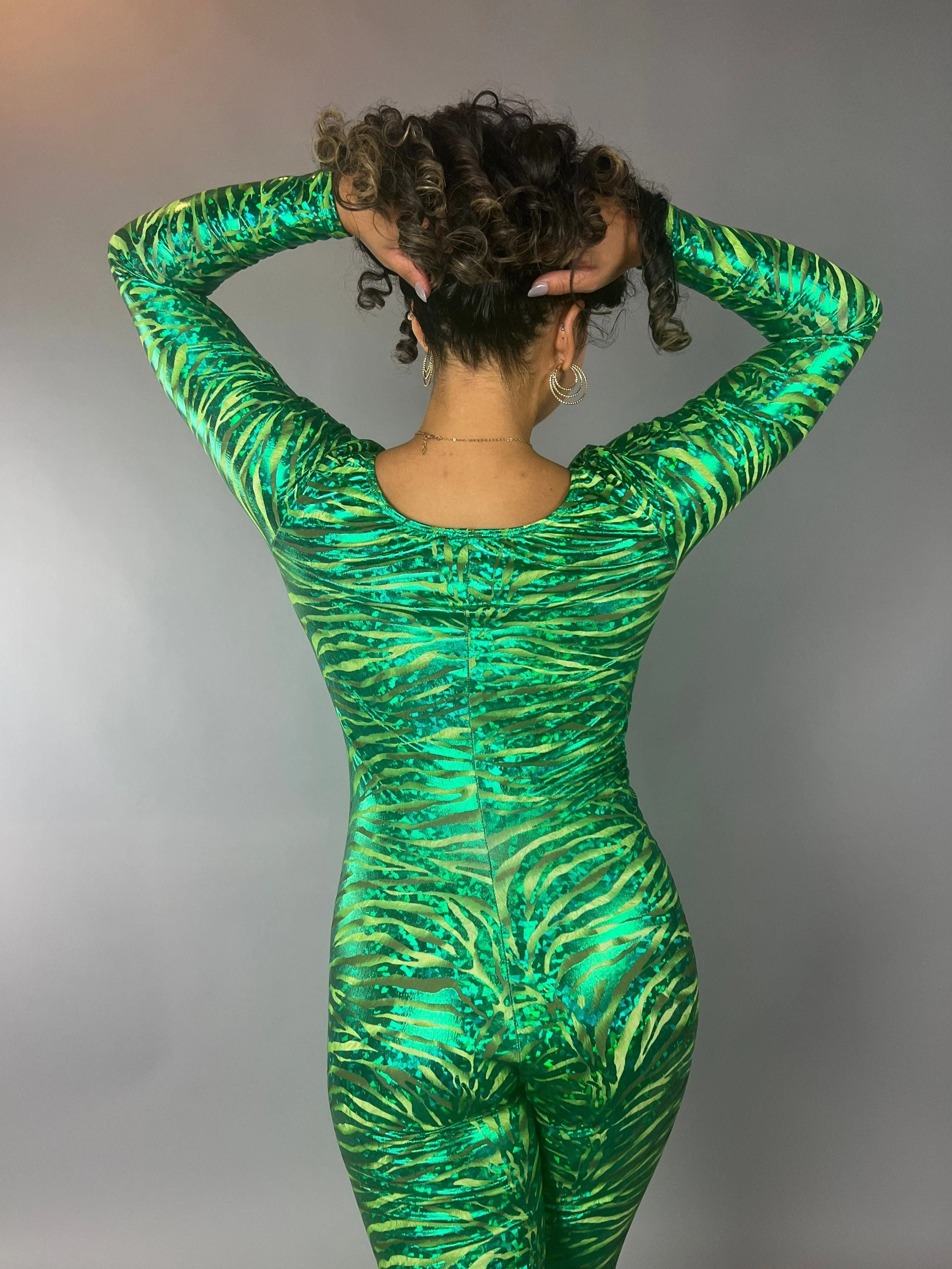 Green Metallic Tiger Jumpsuit, Animal Print Catsuit, Spandex Bodysuit, Long Sleeve Unitard, Circus Costume, Exotic Dancewear, Aerialist Outfit - Image 4