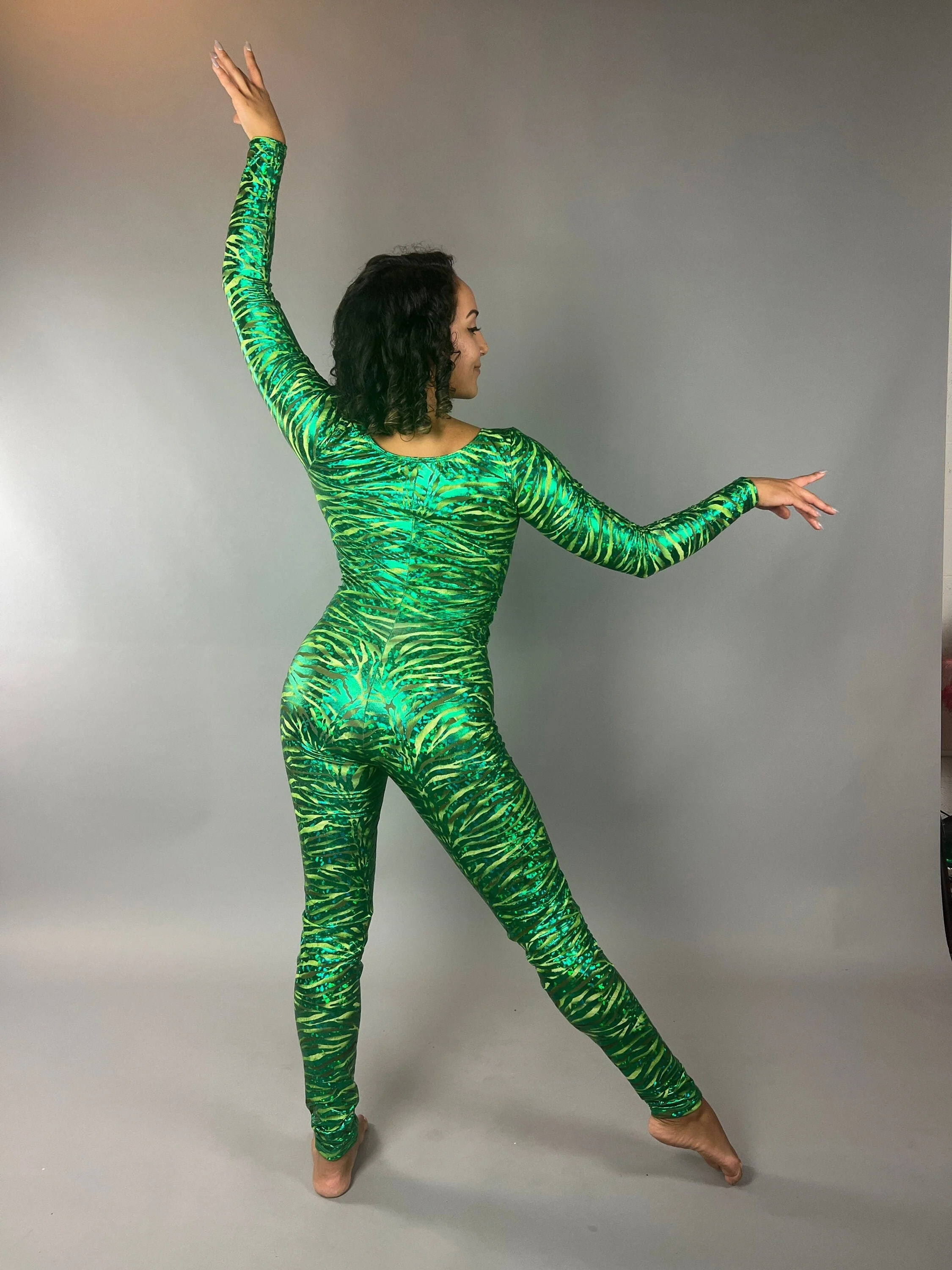 Green Metallic Tiger Jumpsuit, Animal Print Catsuit, Spandex Bodysuit, Long Sleeve Unitard, Circus Costume, Exotic Dancewear, Aerialist Outfit - Image 9