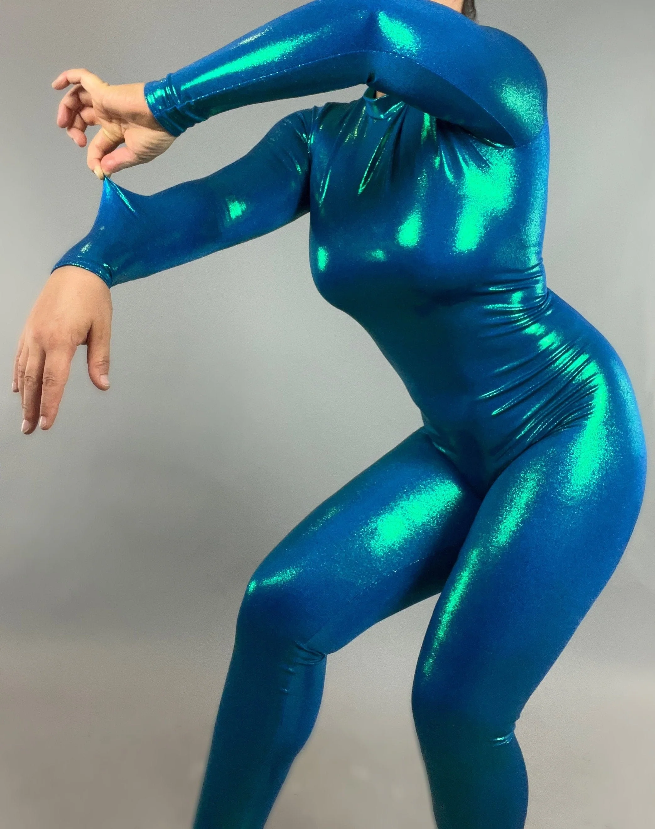 Teal Metallic Jumpsuit, Shiny Spandex Catsuit, Holographic Bodysuit, Long Sleeve Unitard, Futuristic Clothing, Performance Wear