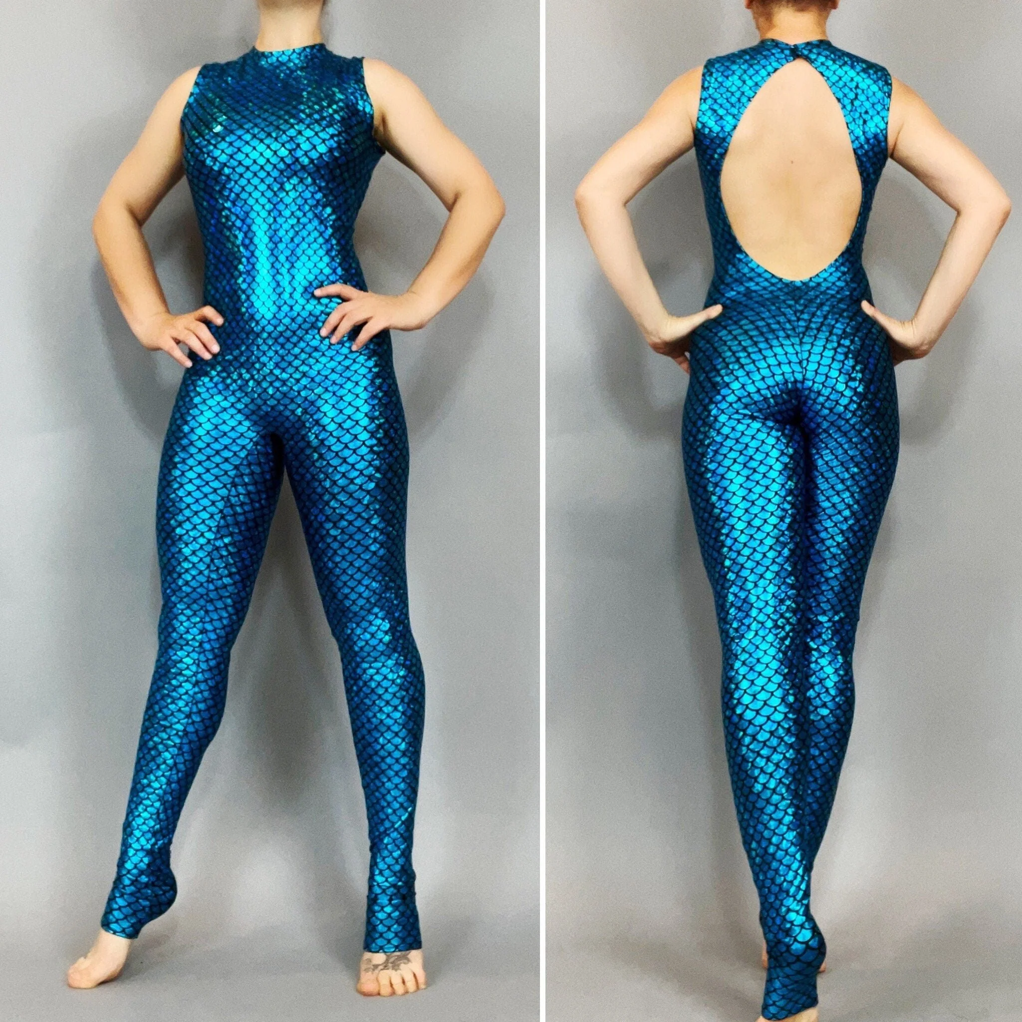 Blue Mermaid Scale Jumpsuit, Sleeveless Catsuit, Open Back Bodysuit, Spandex Unitard, Exotic Dancewear, Performance Costume - Image 10