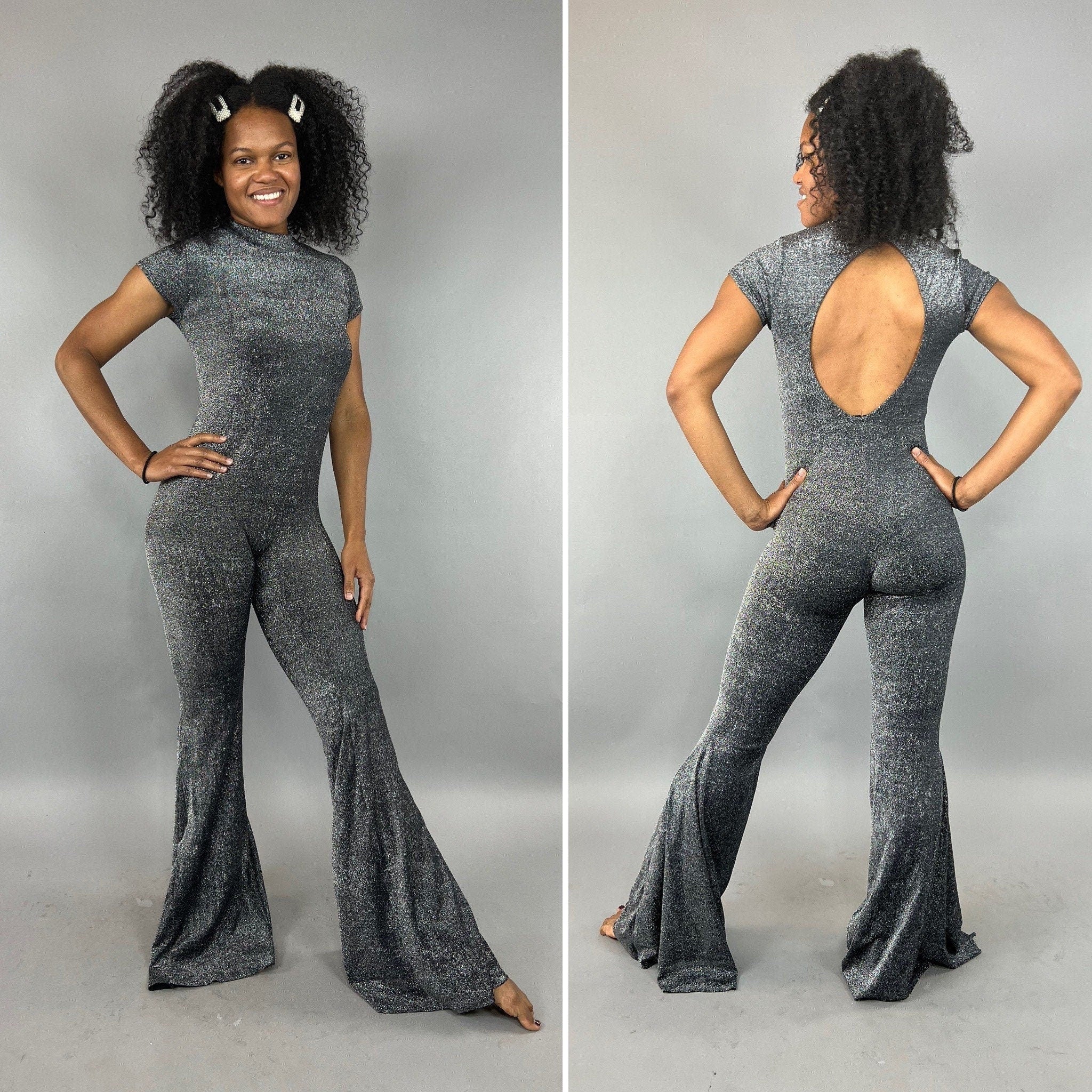 Sparkly Bell Bottom Jumpsuit, Silver Glitter Catsuit, Open Back Bodysuit, Short Sleeve Unitard, 70s Disco Outfit, Party Stretch One Piece - Image 3