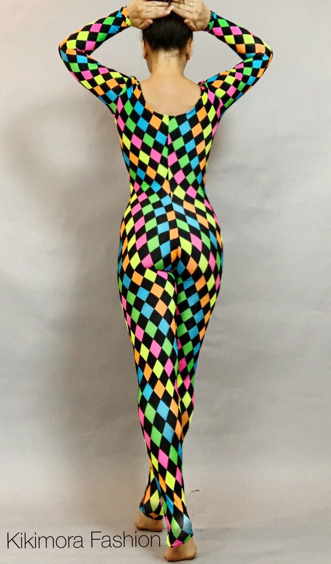 Colorful Harlequin Jumpsuit, Long Sleeve Catsuit, Multicolored Spandex Unitard, Gymnastics Leotard, Exotic Dancewear, Sports Wear - Image 6